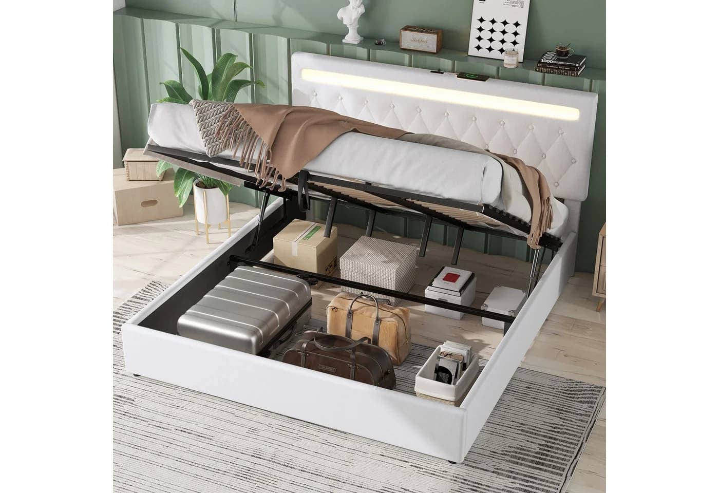 MODFU Polsterbett mit Stauraum, LED-Licht & USB-Anschluss Weiß - Bild 3