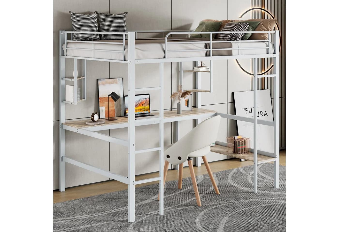 MODFU Hochbett Metall weiß mit Schreibtisch & Regal - Bild 2