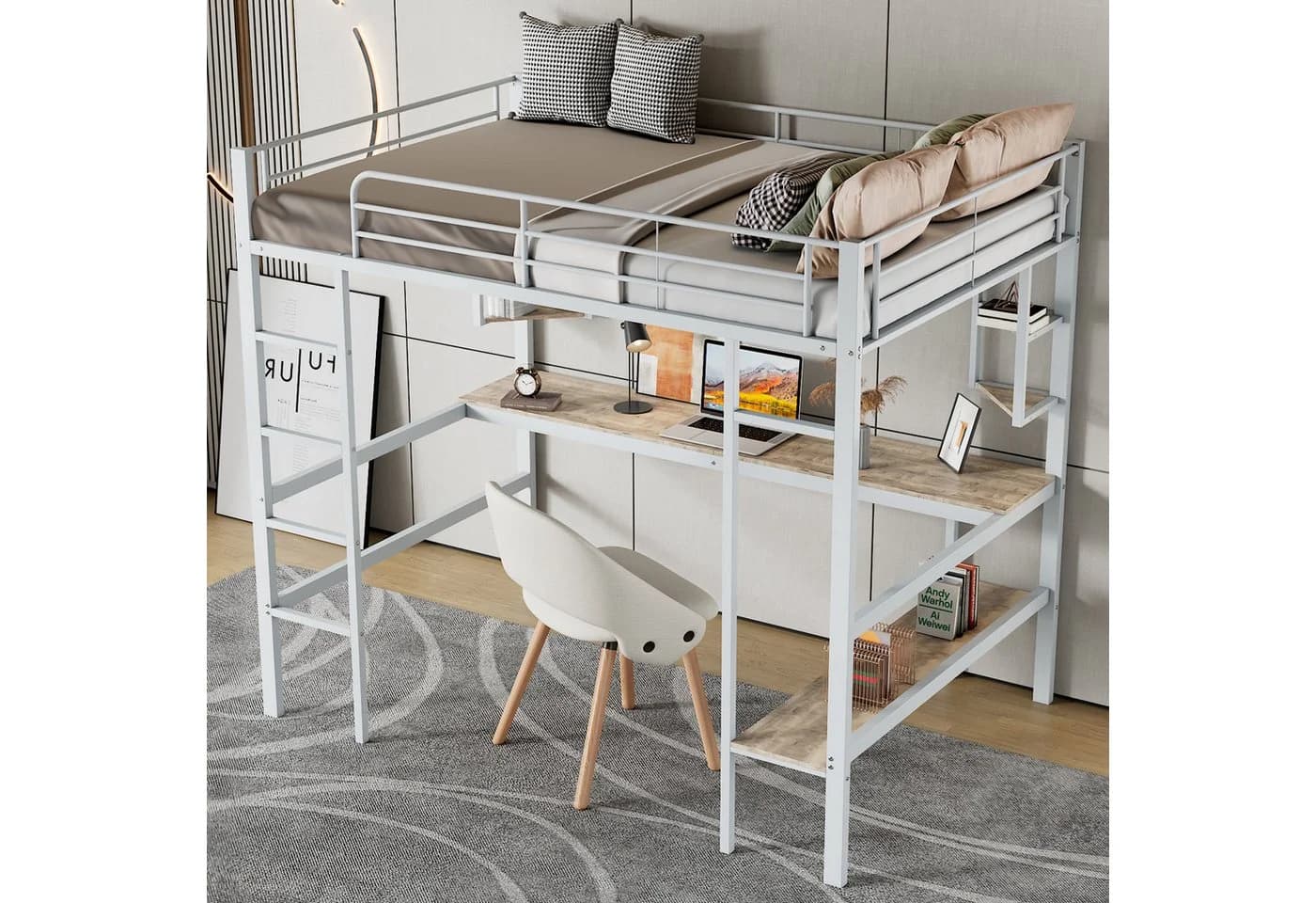 MODFU Hochbett Metall weiß mit Schreibtisch & Regal - Bild 3
