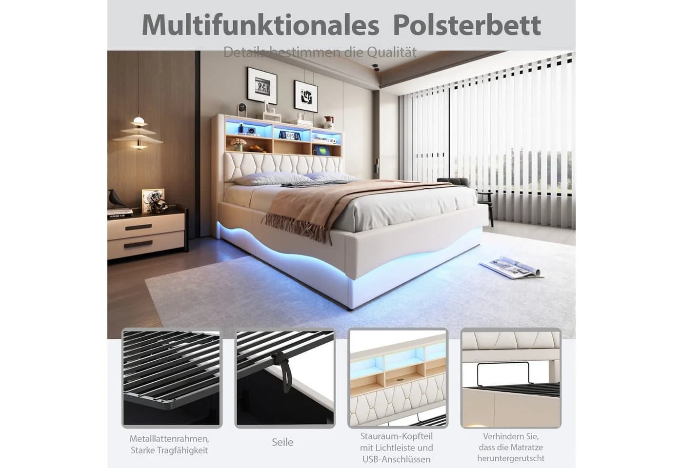 MODFU Polsterbett mit hydraulischem Stauraum und LED-Beleuchtung Beige - Bild 5