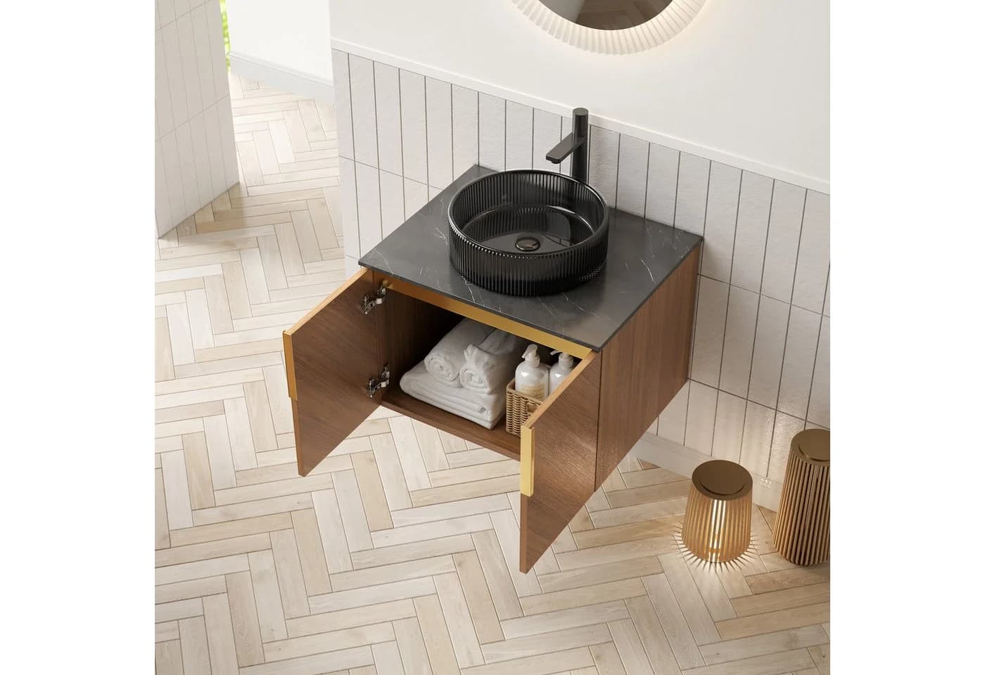 MODFU Waschtisch wandhängend Sinterstein Glas Braun-Eiche - Bild 2