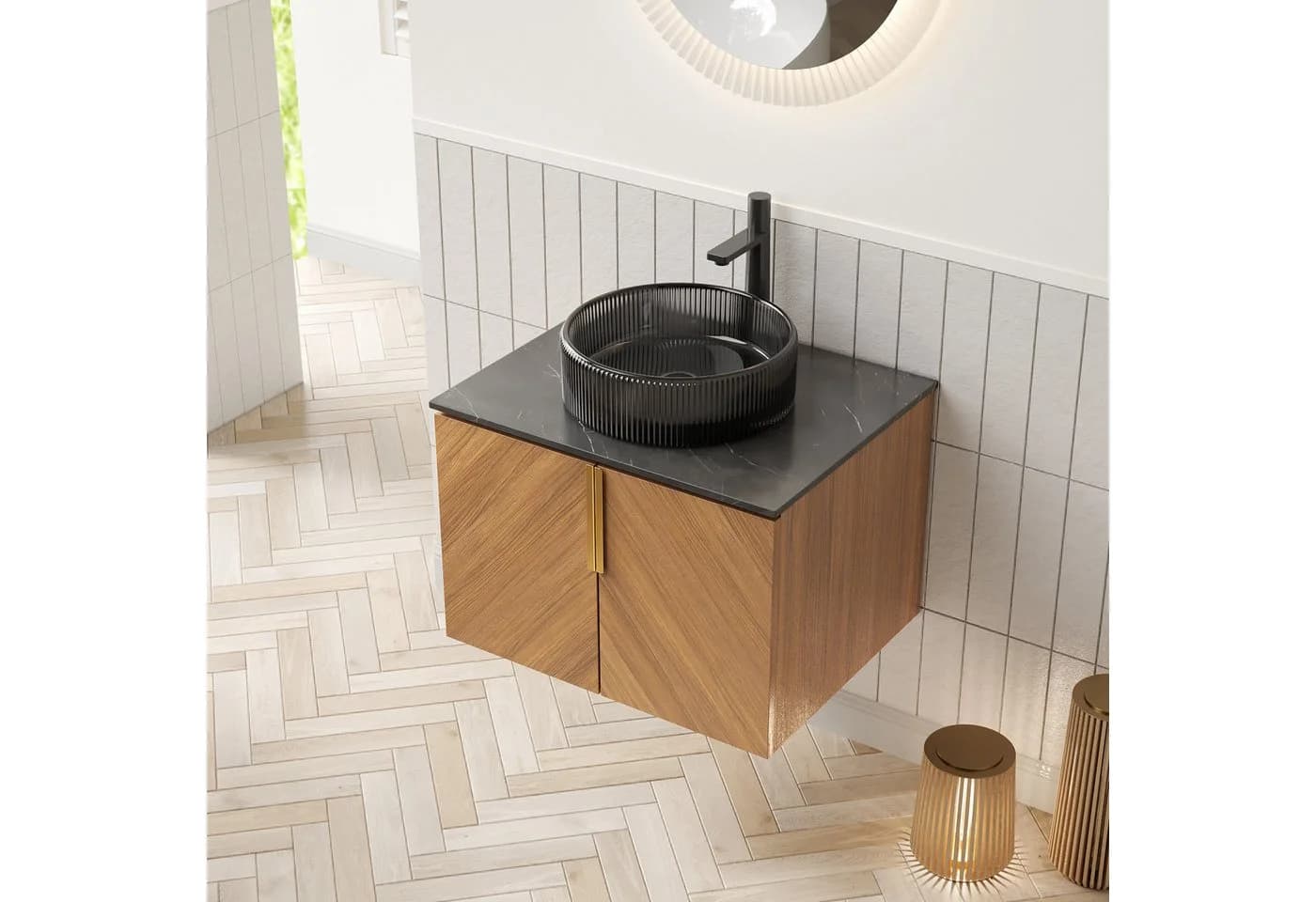 MODFU Waschtisch wandhängend Sinterstein Glas Braun-Eiche - Bild 5