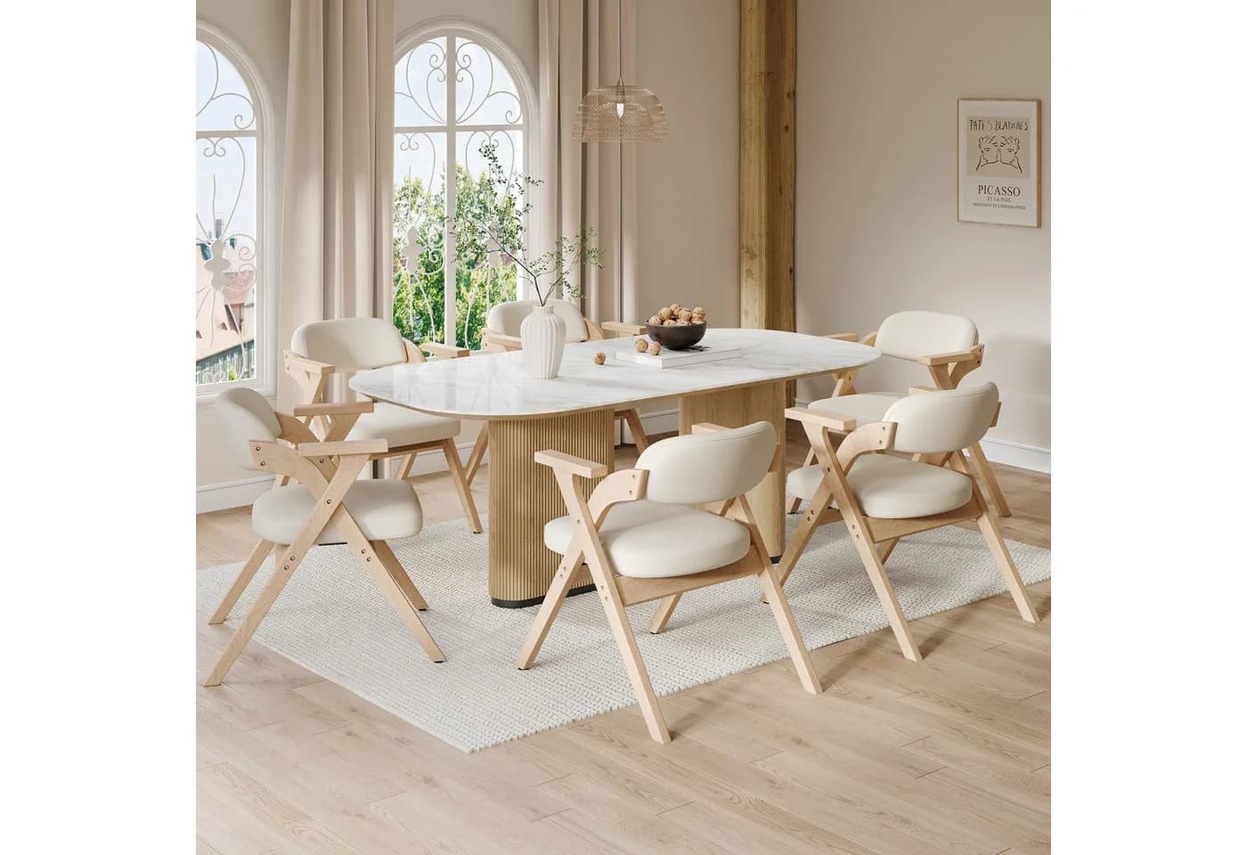 MODFU Esszimmerstuhl 6er-Set klappbar Massivholz Leinen Beige - Bild 2