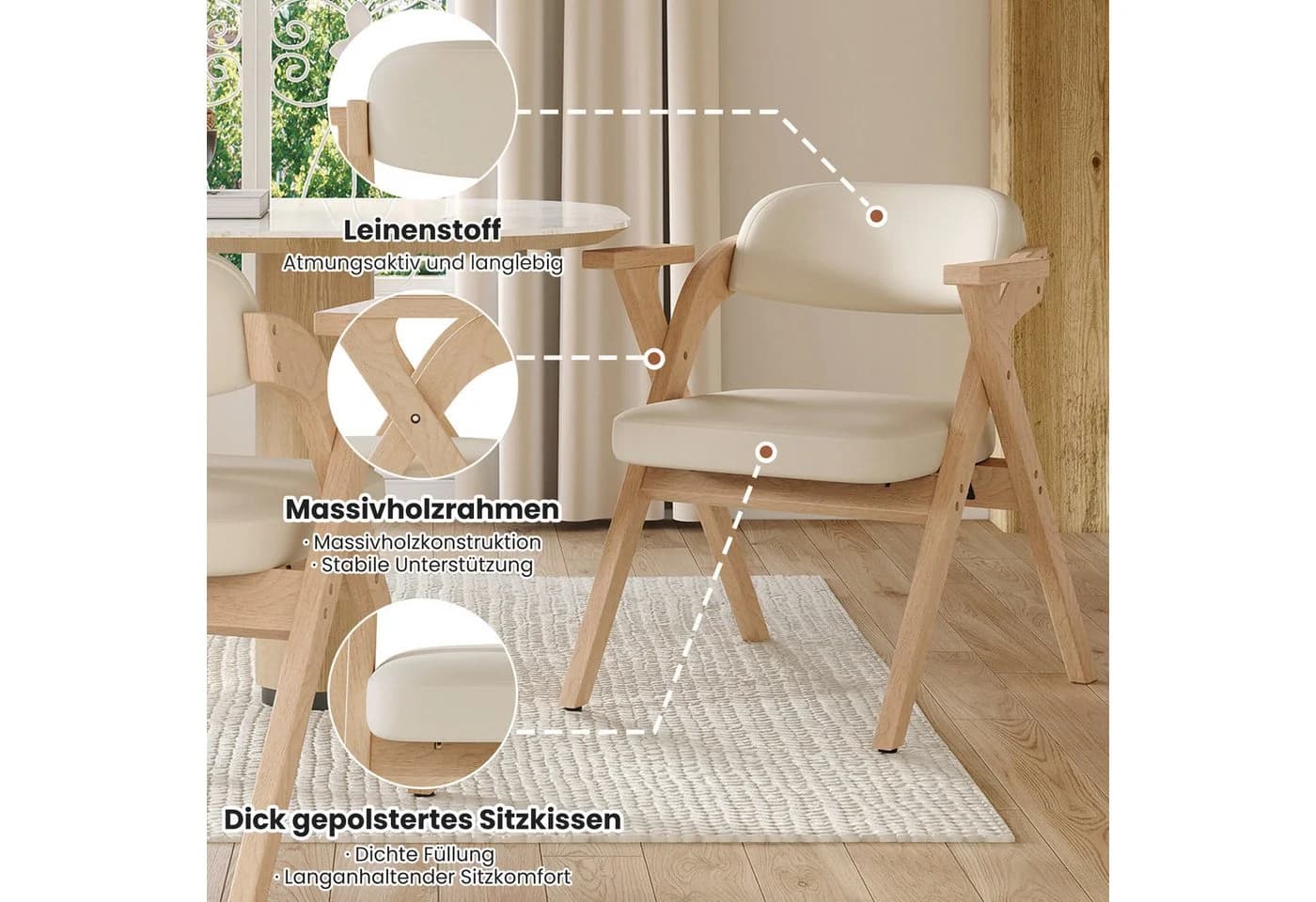 MODFU Esszimmerstuhl 6er-Set klappbar Massivholz Leinen Beige - Bild 4