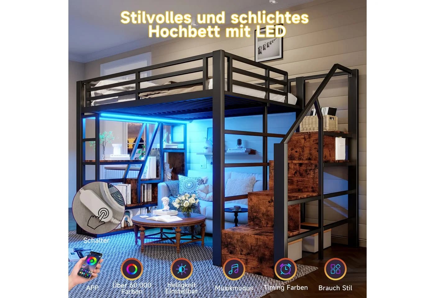 MODFU Hochbett mit LED-Beleuchtung und Stauraum-Leiter Schwarz/Weiß - Bild 4