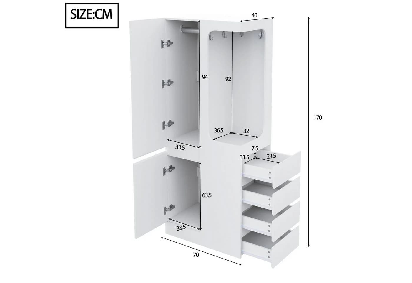 MODFU Kleiderschrank eintürig mit offenem Hängebereich und 4 Schubladen Weiß - Bild 4