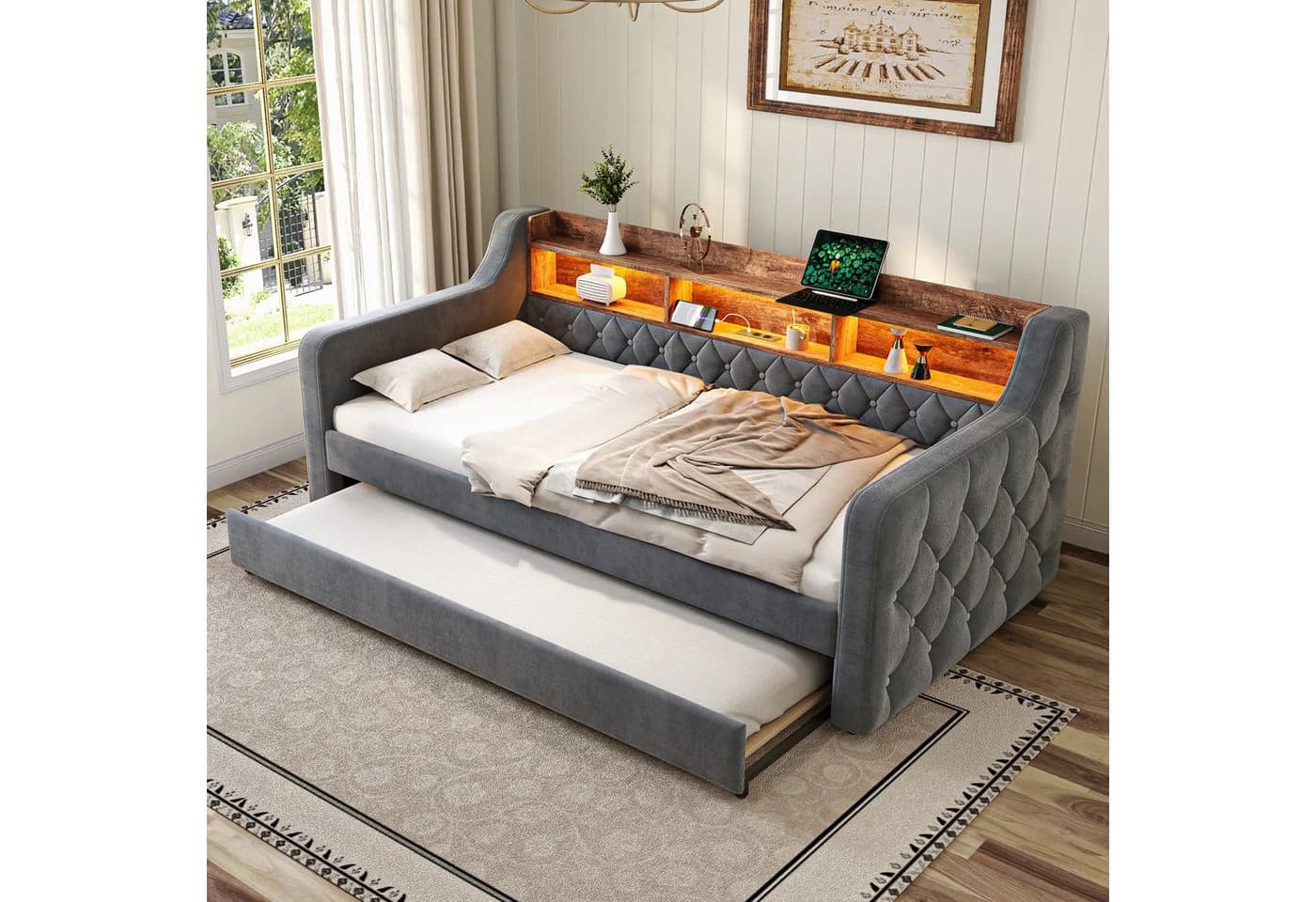 MODFU Schlafsofa Samt-Polsterbett mit LED-Beleuchtung und USB-C-Anschluss - Bild 2