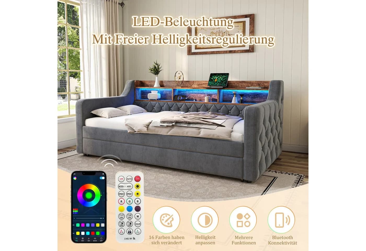 MODFU Schlafsofa Samt-Polsterbett mit LED-Beleuchtung und USB-C-Anschluss - Bild 4
