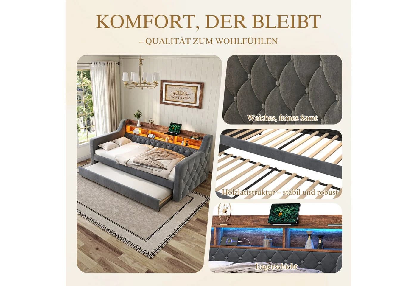 MODFU Schlafsofa Samt-Polsterbett mit LED-Beleuchtung und USB-C-Anschluss - Bild 5
