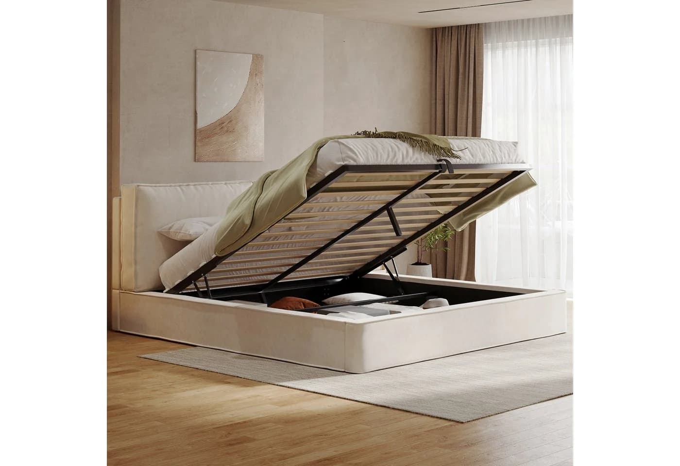 MODFU Polsterbett 180x200 cm mit Bettkasten Chenille Beige