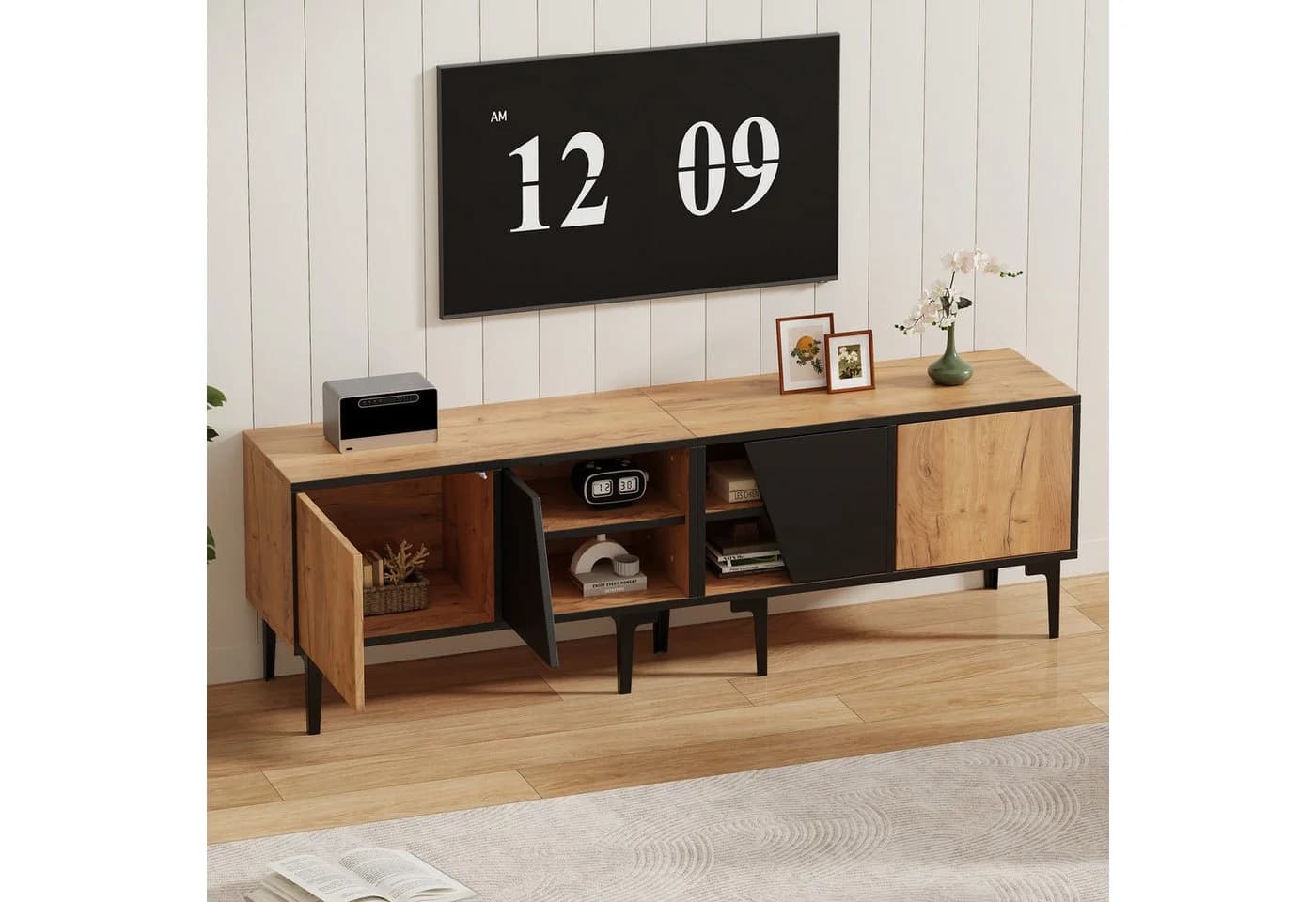 MODFU TV-Schrank 160 cm Naturholz Schwarz Modern
