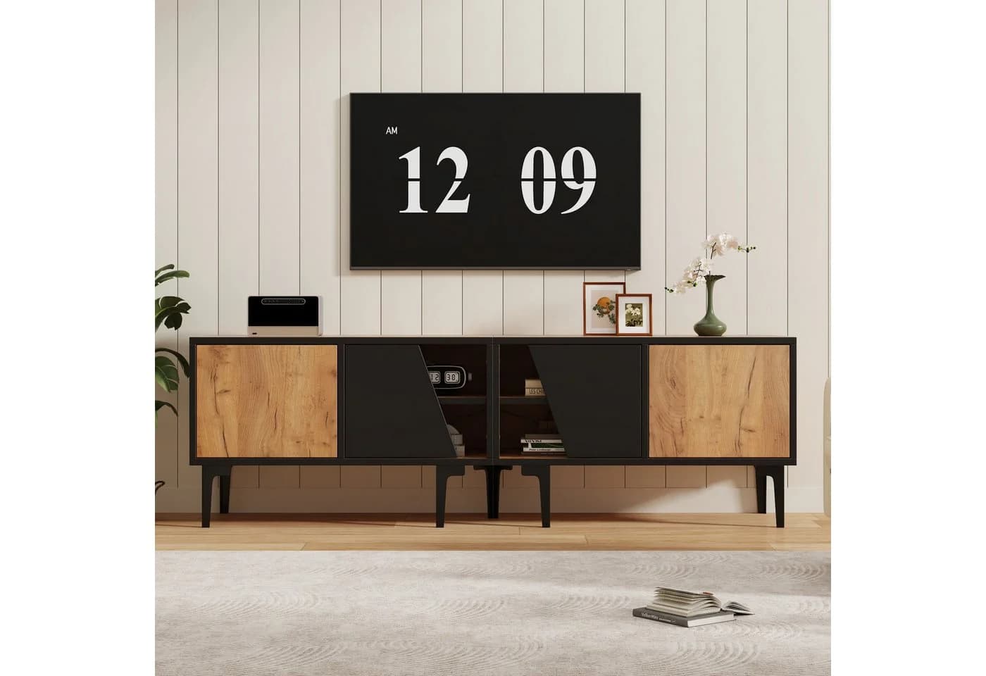 MODFU TV-Schrank 160 cm Naturholz Schwarz Modern - Bild 2