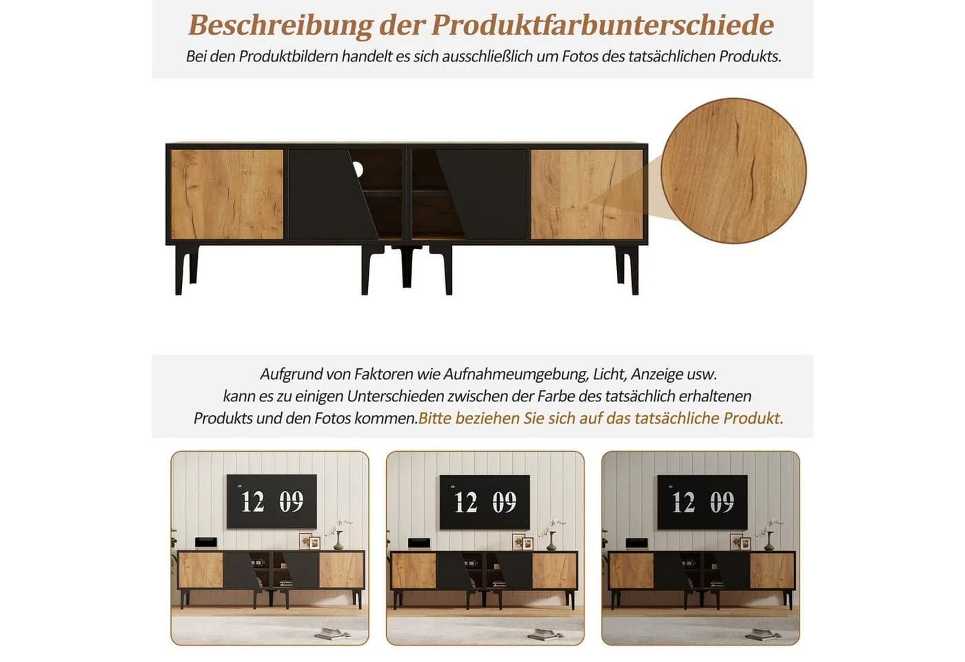 MODFU TV-Schrank 160 cm Naturholz Schwarz Modern - Bild 5