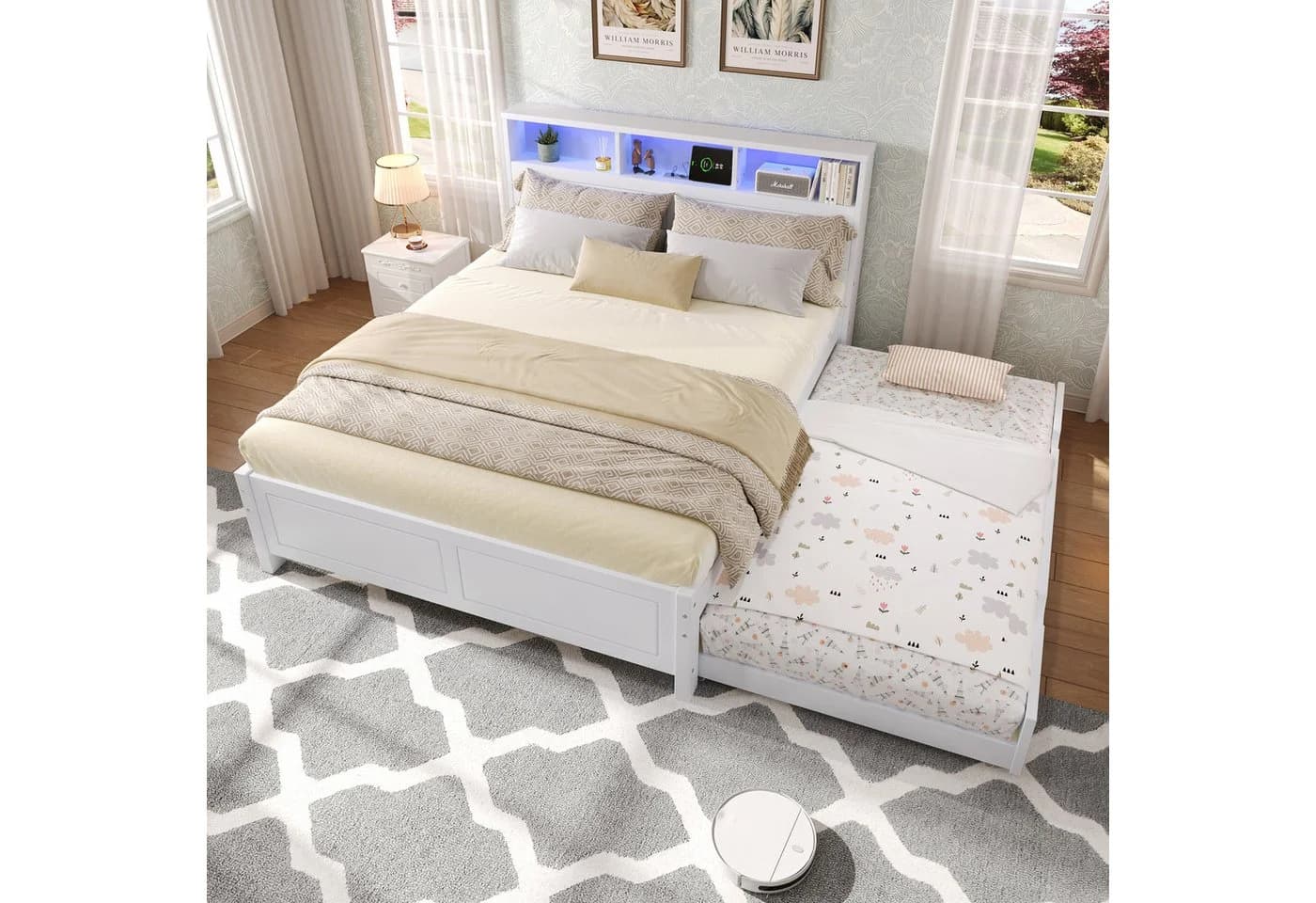 MODFU Holzbett Spleißbett mit LED-Beleuchtung und Ausziehbett Weiß - Bild 2
