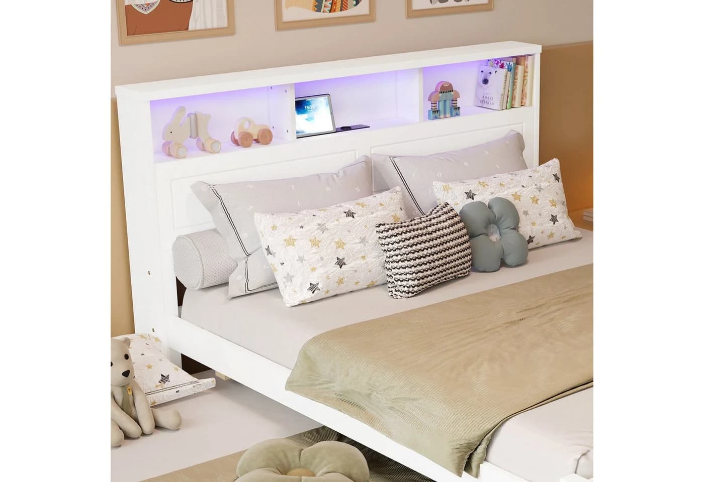 MODFU Holzbett Spleißbett mit LED-Beleuchtung und Ausziehbett Weiß - Bild 4