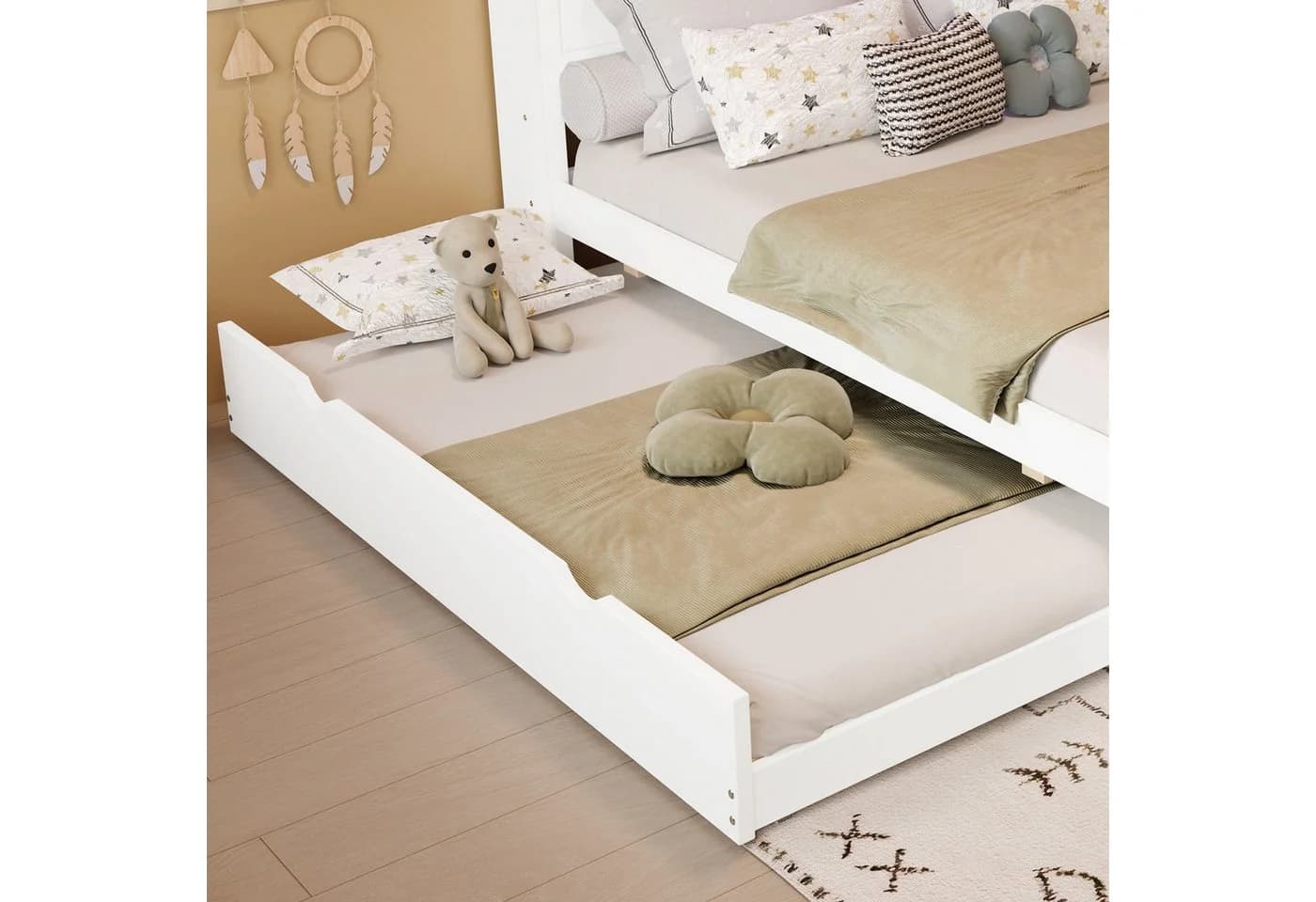 MODFU Holzbett Spleißbett mit LED-Beleuchtung und Ausziehbett Weiß - Bild 5