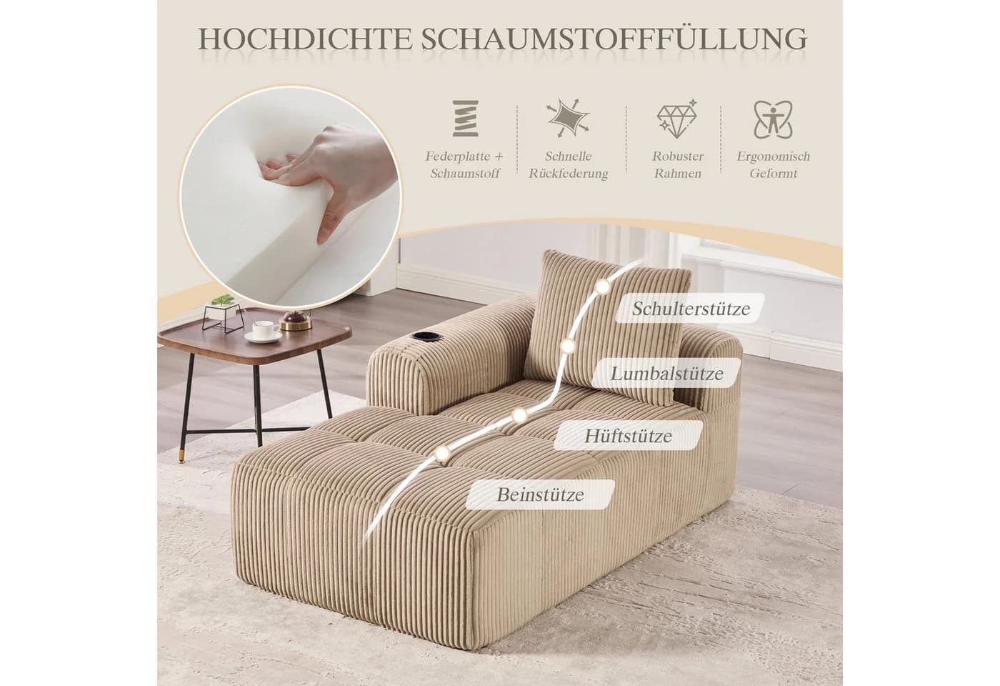MODFU Sofa Cord-Kompaktsofa mit Getränkehalter und Seitenfächern