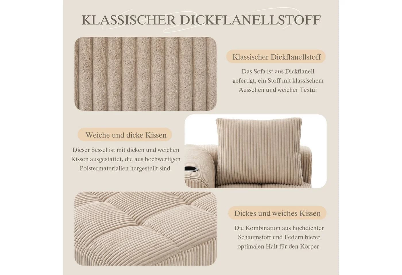 MODFU Sofa Cord-Kompaktsofa mit Getränkehalter und Seitenfächern - Bild 3