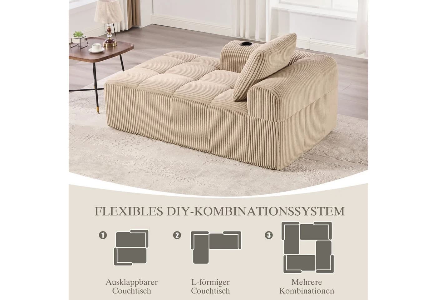 MODFU Sofa Cord-Kompaktsofa mit Getränkehalter und Seitenfächern - Bild 5
