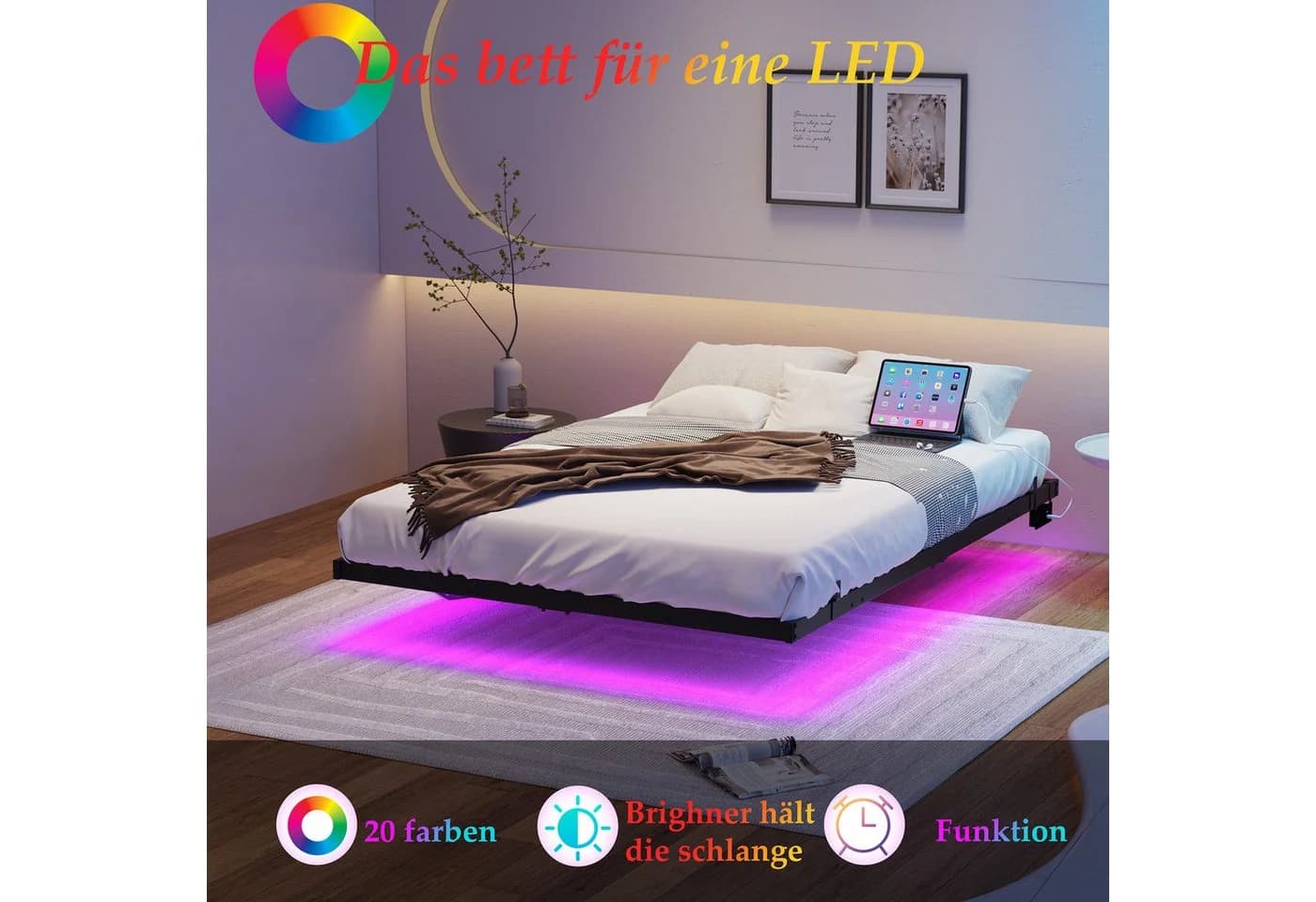 MODFU Metallbett 140x200 cm mit LED-Lichtleiste und Ladestation