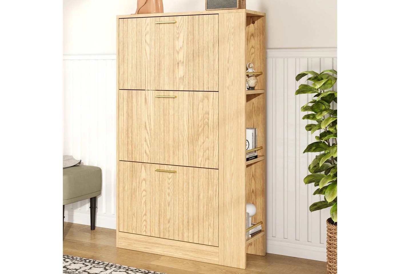 MODFU Schuhschrank mit 3 Türen und offenen Fächern Beige