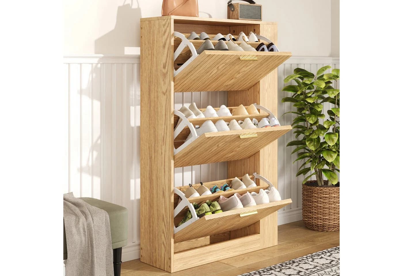 MODFU Schuhschrank mit 3 Türen und offenen Fächern Beige - Bild 2