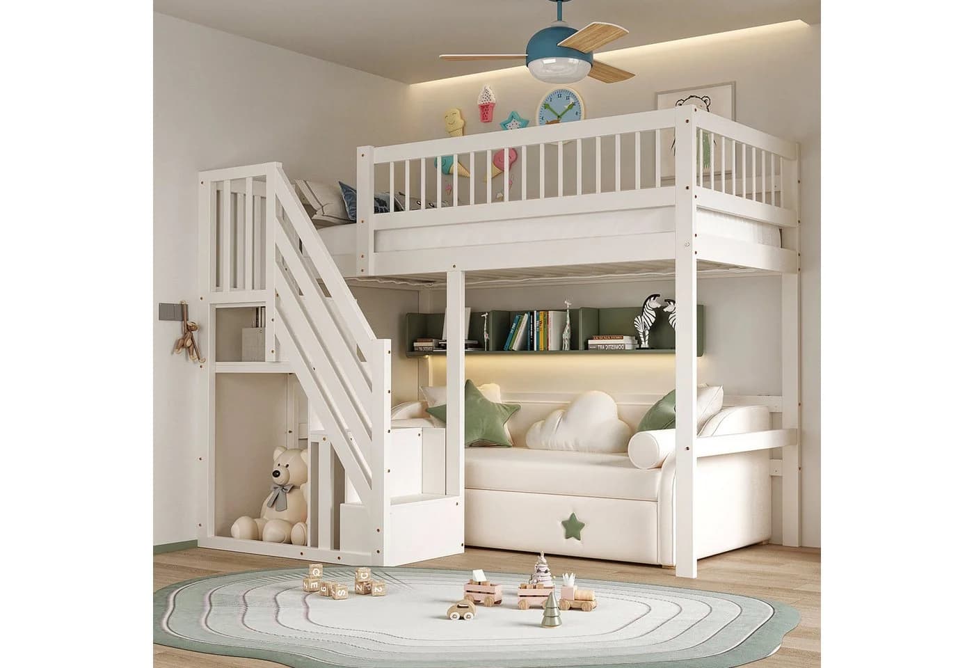 MODFU Etagenbett Massivholz Hochbett mit Aufbewahrungstreppe