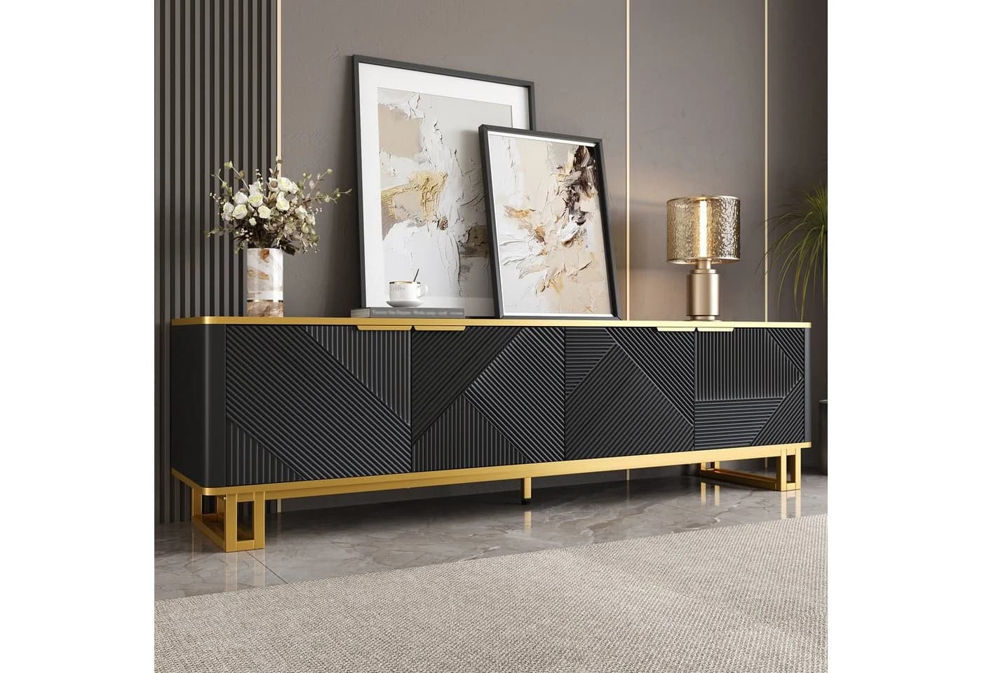 MODFU TV-Schrank Klassische Kommode Schwarz-Gold/Weiß Geometrisch Geprägte Türen - Bild 2