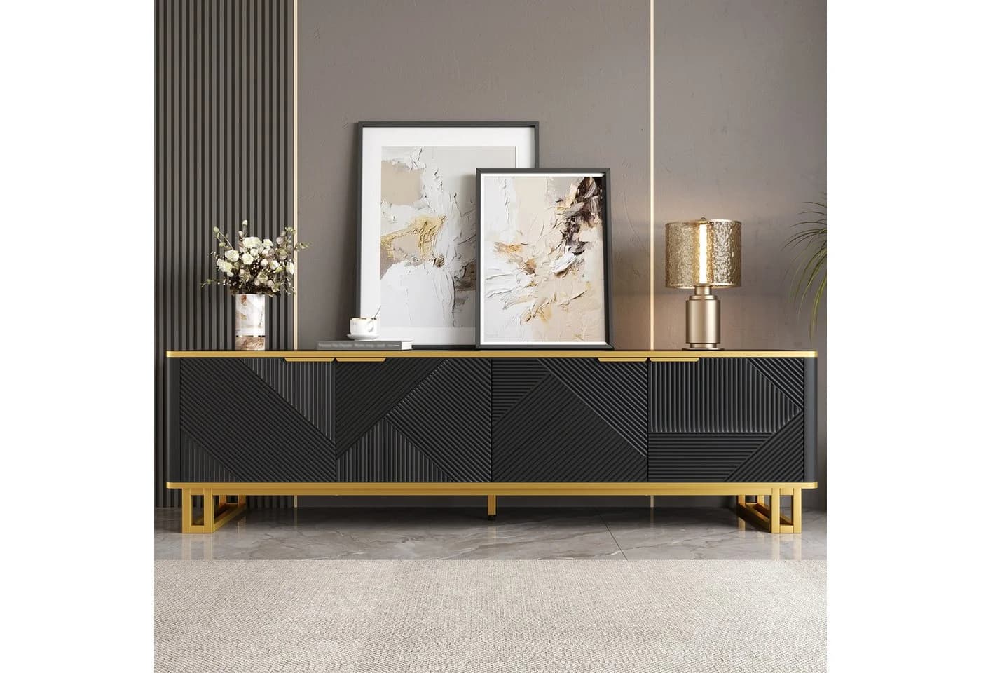 MODFU TV-Schrank Klassische Kommode Schwarz-Gold/Weiß Geometrisch Geprägte Türen - Bild 3