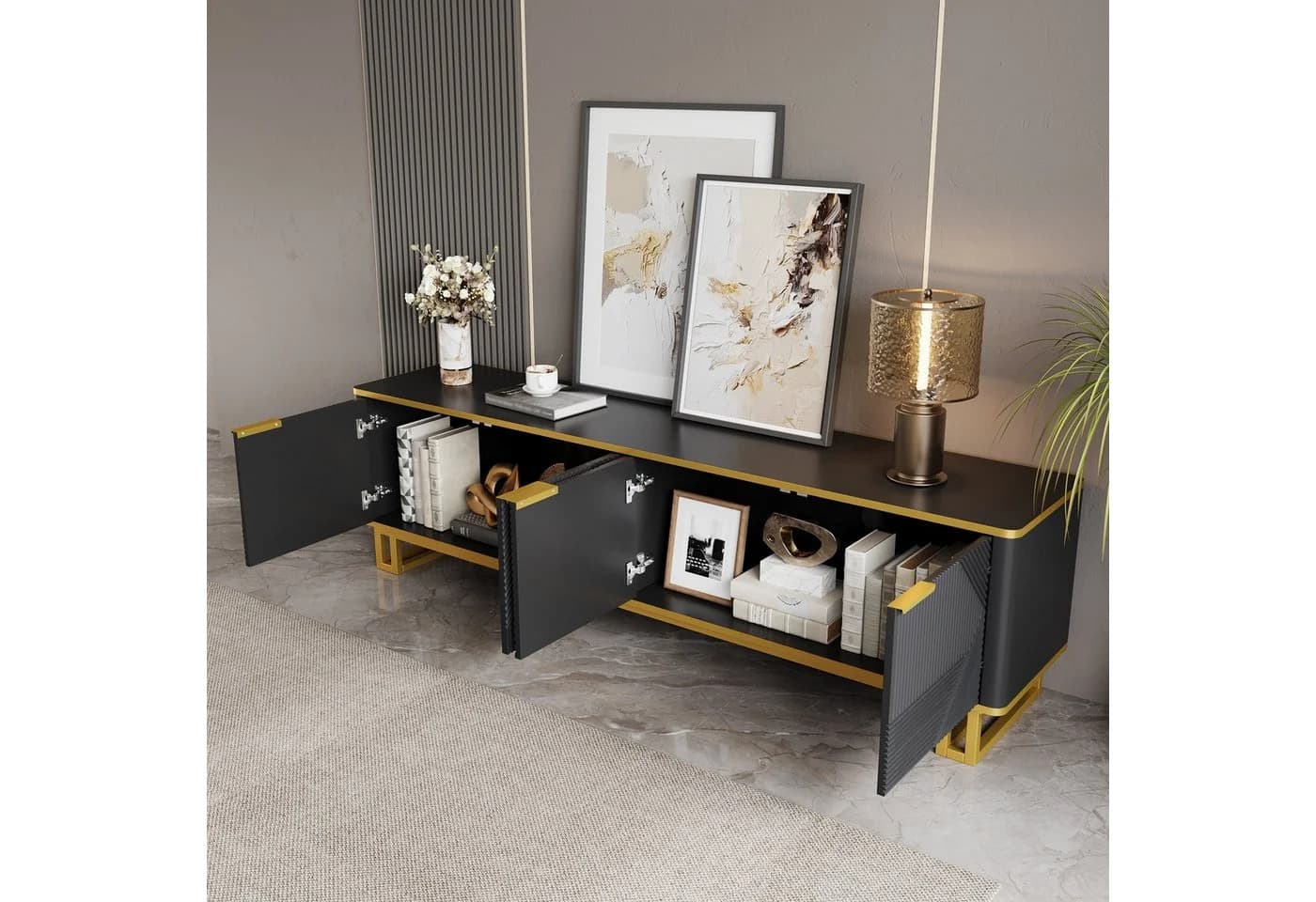 MODFU TV-Schrank Klassische Kommode Schwarz-Gold/Weiß Geometrisch Geprägte Türen - Bild 4