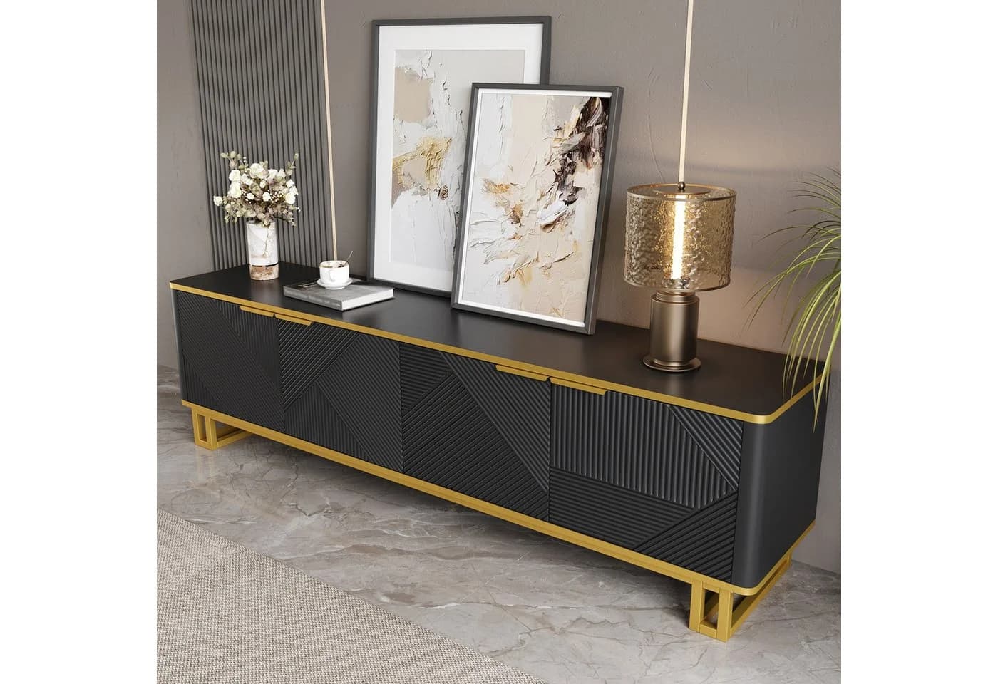 MODFU TV-Schrank Klassische Kommode Schwarz-Gold/Weiß Geometrisch Geprägte Türen - Bild 5