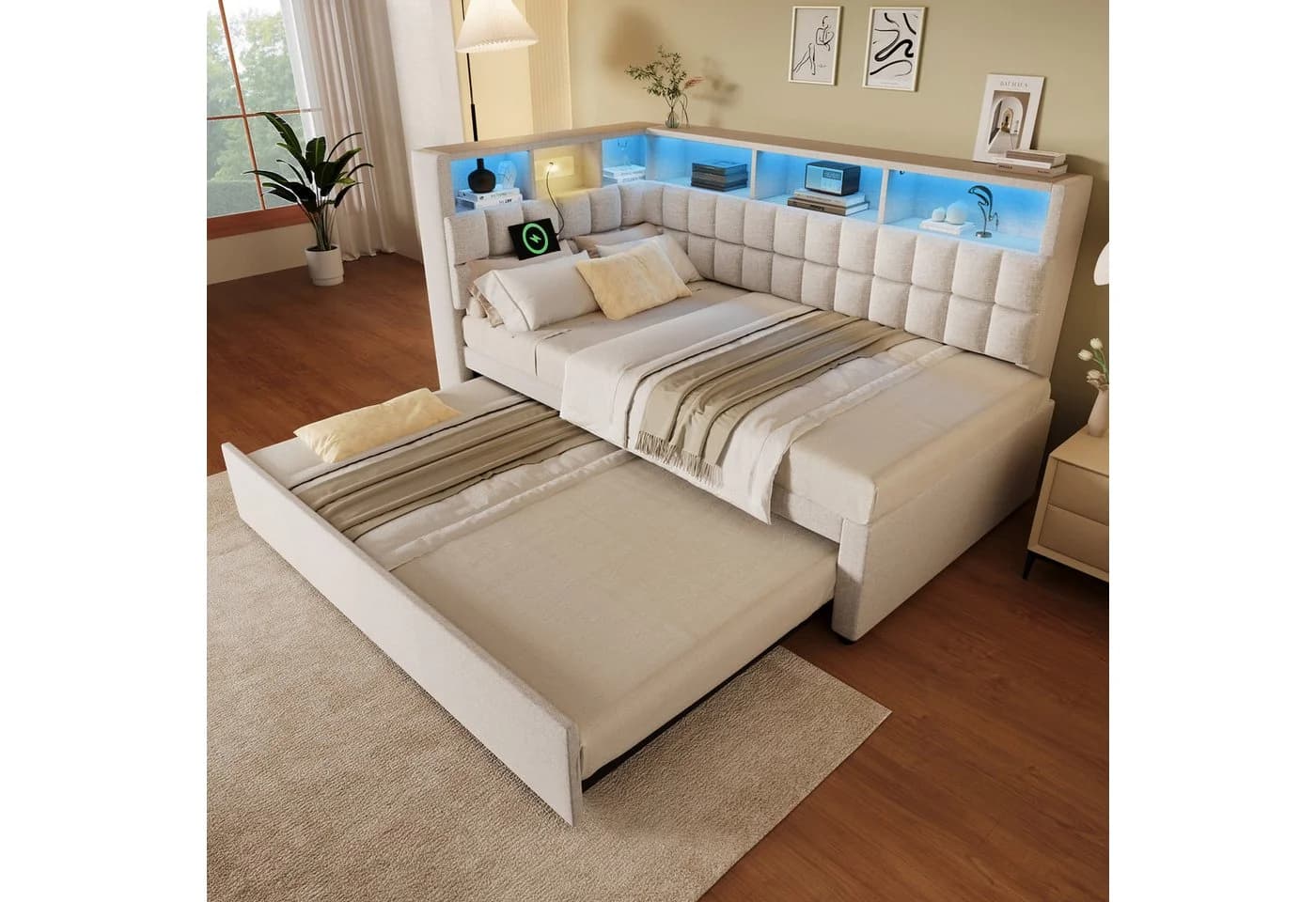 MODFU Polsterbett mit LED, Bluetooth & USB-C Beige Ausziehbett - Bild 2