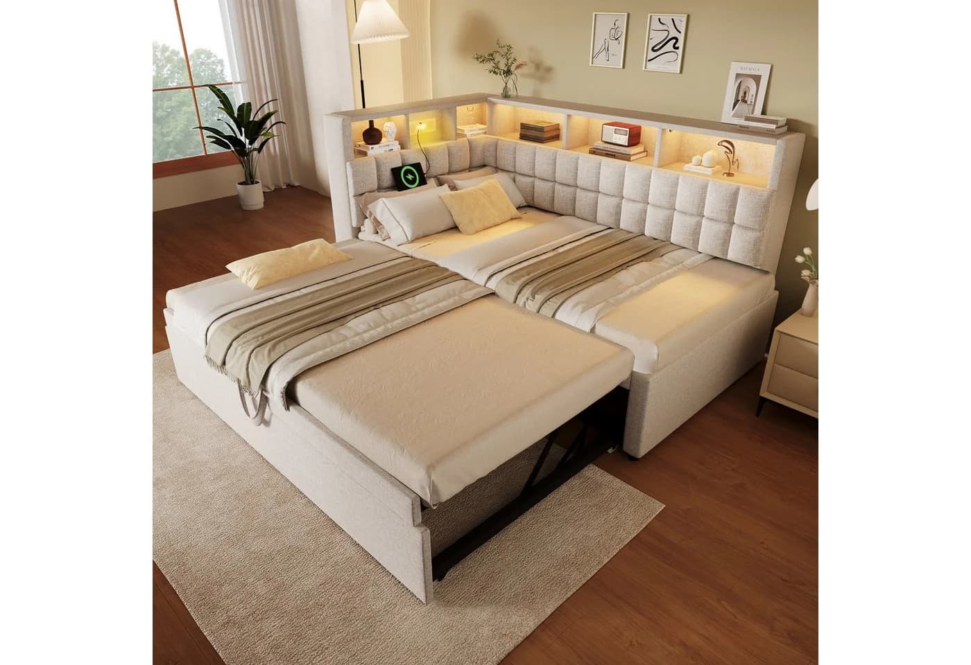 MODFU Polsterbett mit LED, Bluetooth & USB-C Beige Ausziehbett - Bild 3