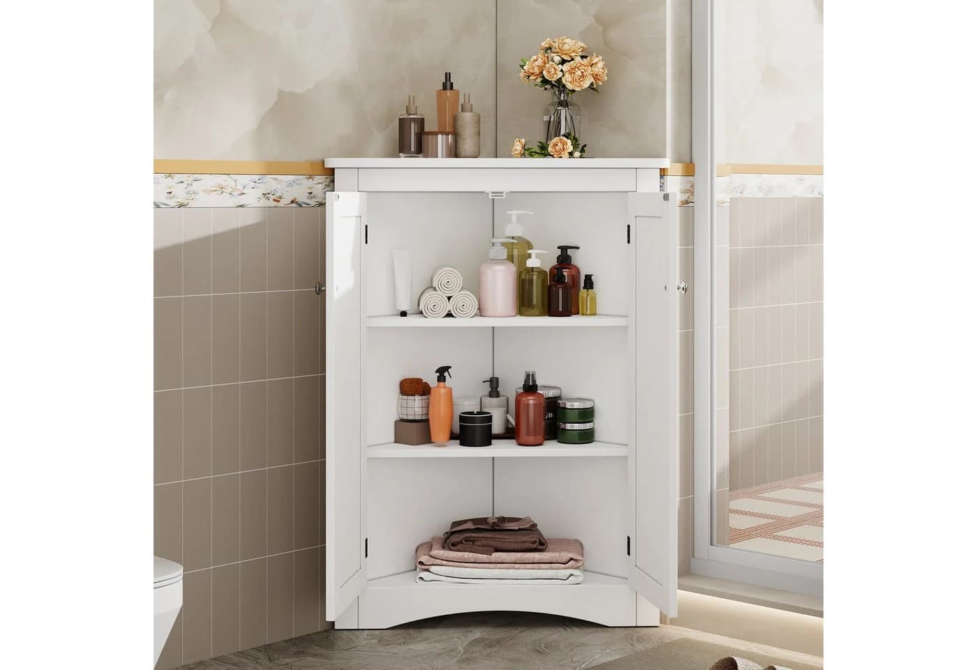 MODFU Eck-Schrank Vitrine 2 Türen 3 Ebenen Weiß MDF