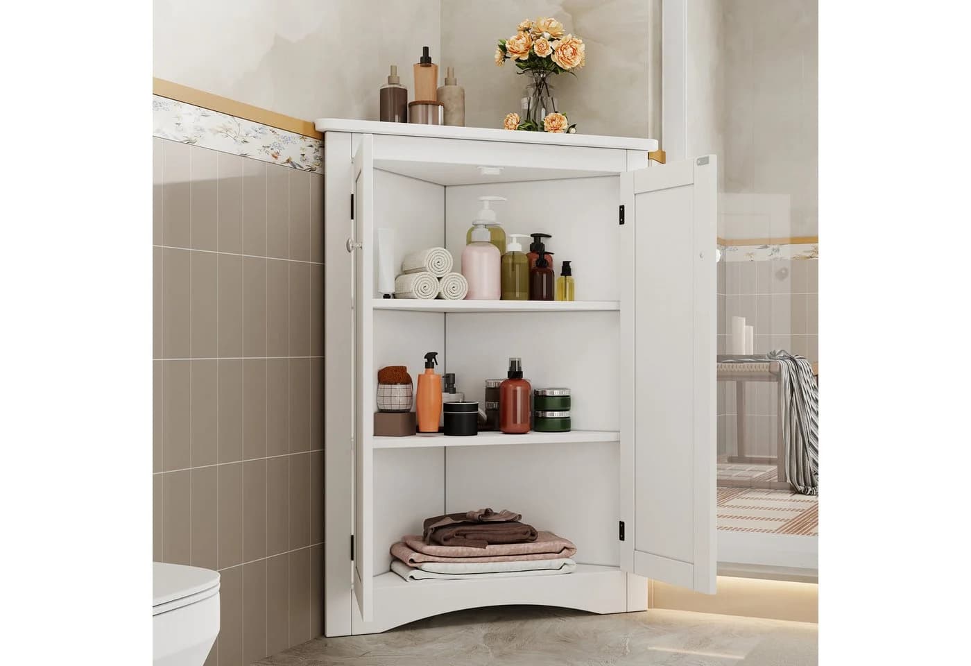 MODFU Eck-Schrank Vitrine 2 Türen 3 Ebenen Weiß MDF - Bild 4