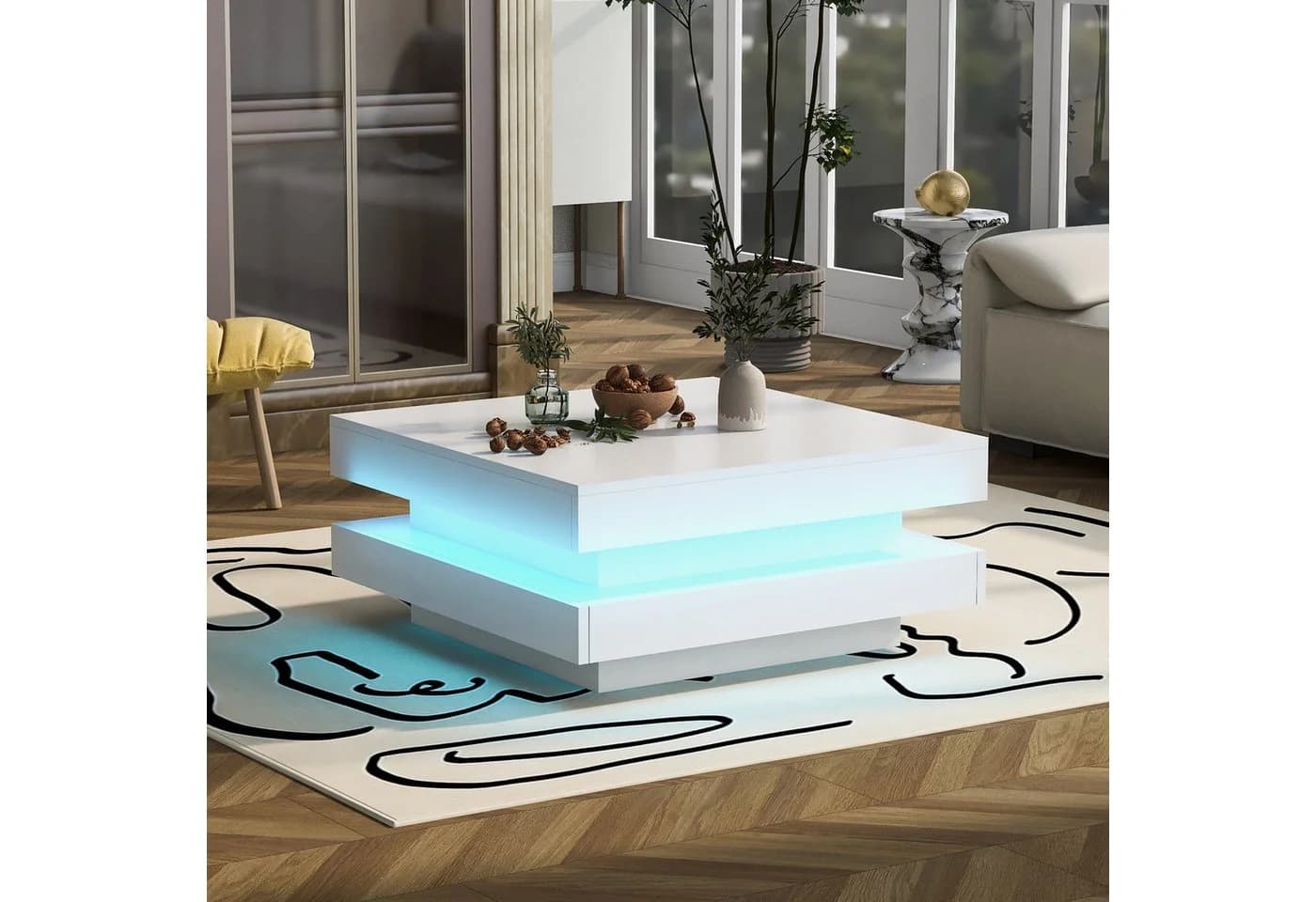 MODFU Quadratischer Couchtisch Weiß mit LED-Licht und drehbarer Platte - Bild 2