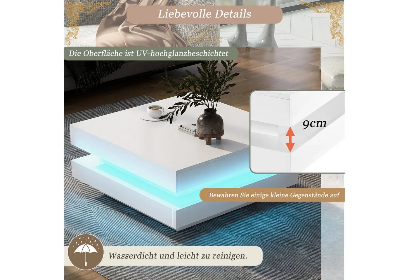 MODFU Quadratischer Couchtisch Weiß mit LED-Licht und drehbarer Platte - Bild 4