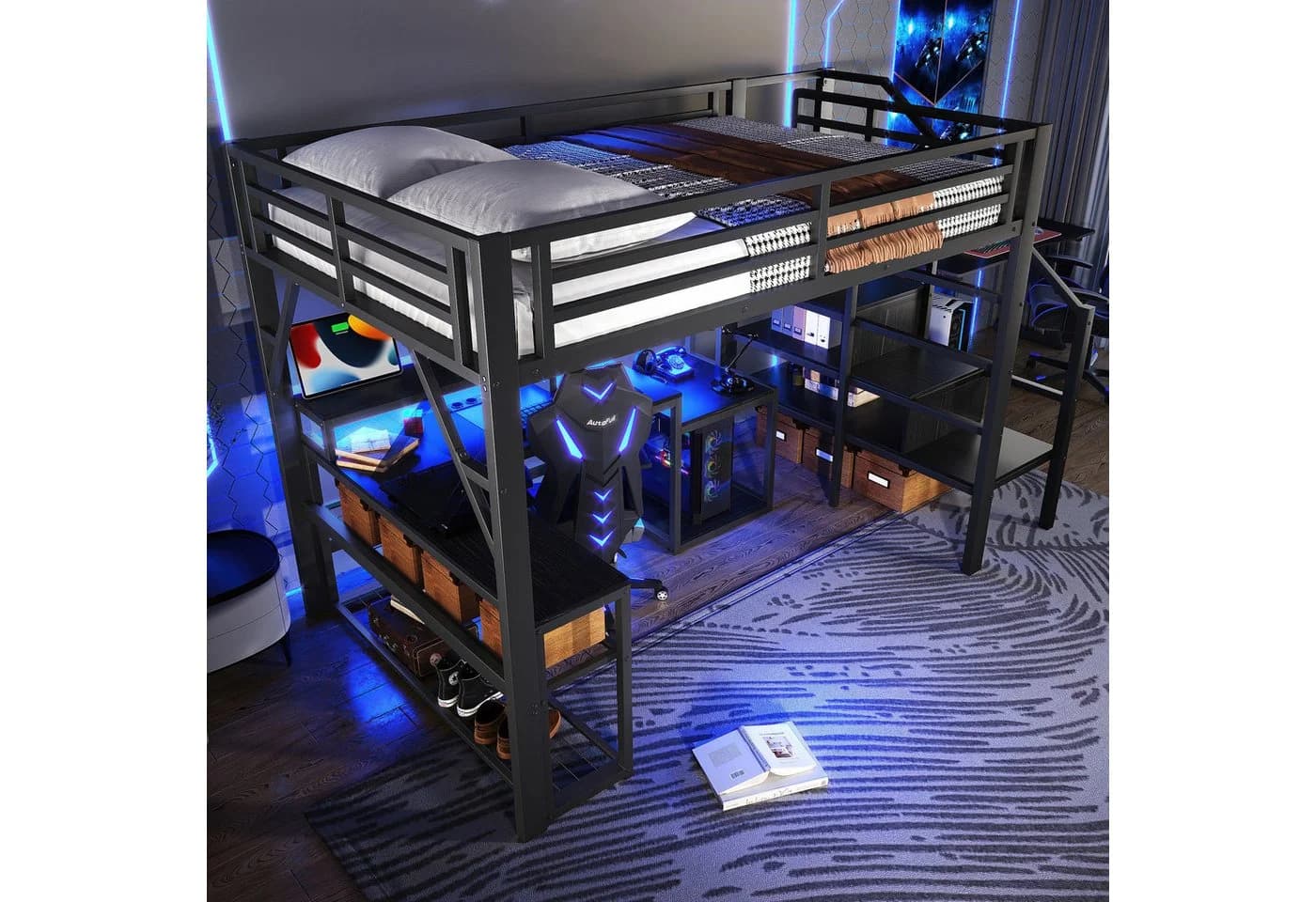 MODFU Hochbett mit Schreibtisch, LED & Stauraumtreppe Schwarz Metall - Bild 2