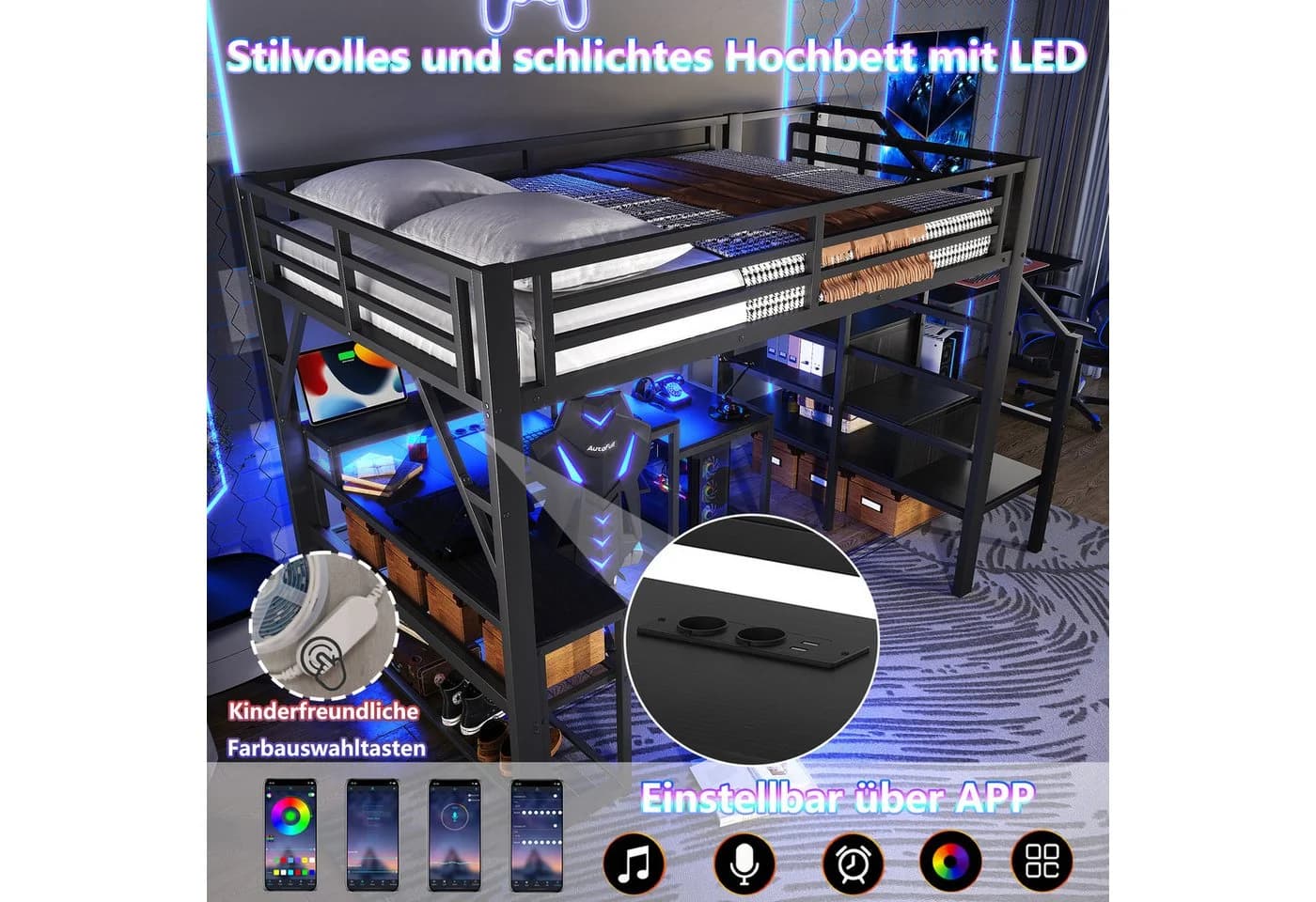 MODFU Hochbett mit Schreibtisch, LED & Stauraumtreppe Schwarz Metall - Bild 3