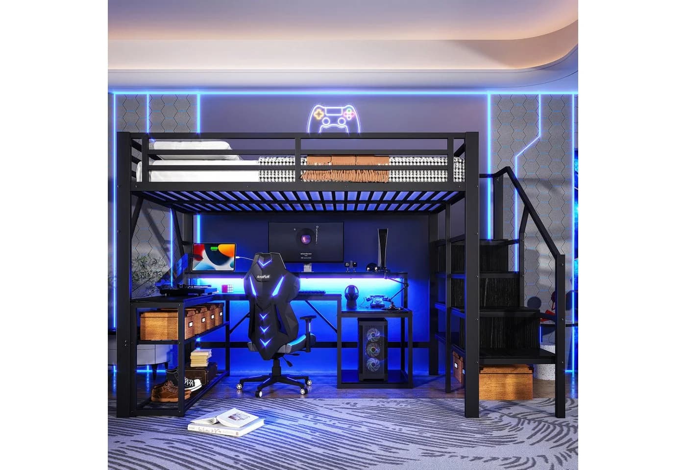 MODFU Hochbett mit Schreibtisch, LED & Stauraumtreppe Schwarz Metall - Bild 5