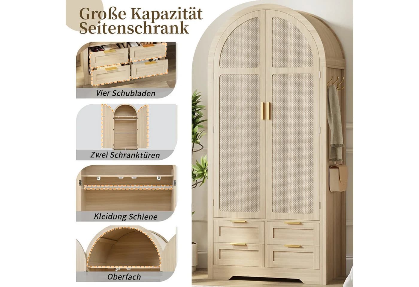MODFU Kleiderschrank mit Rattan-Türen und Schubladen - Bild 3