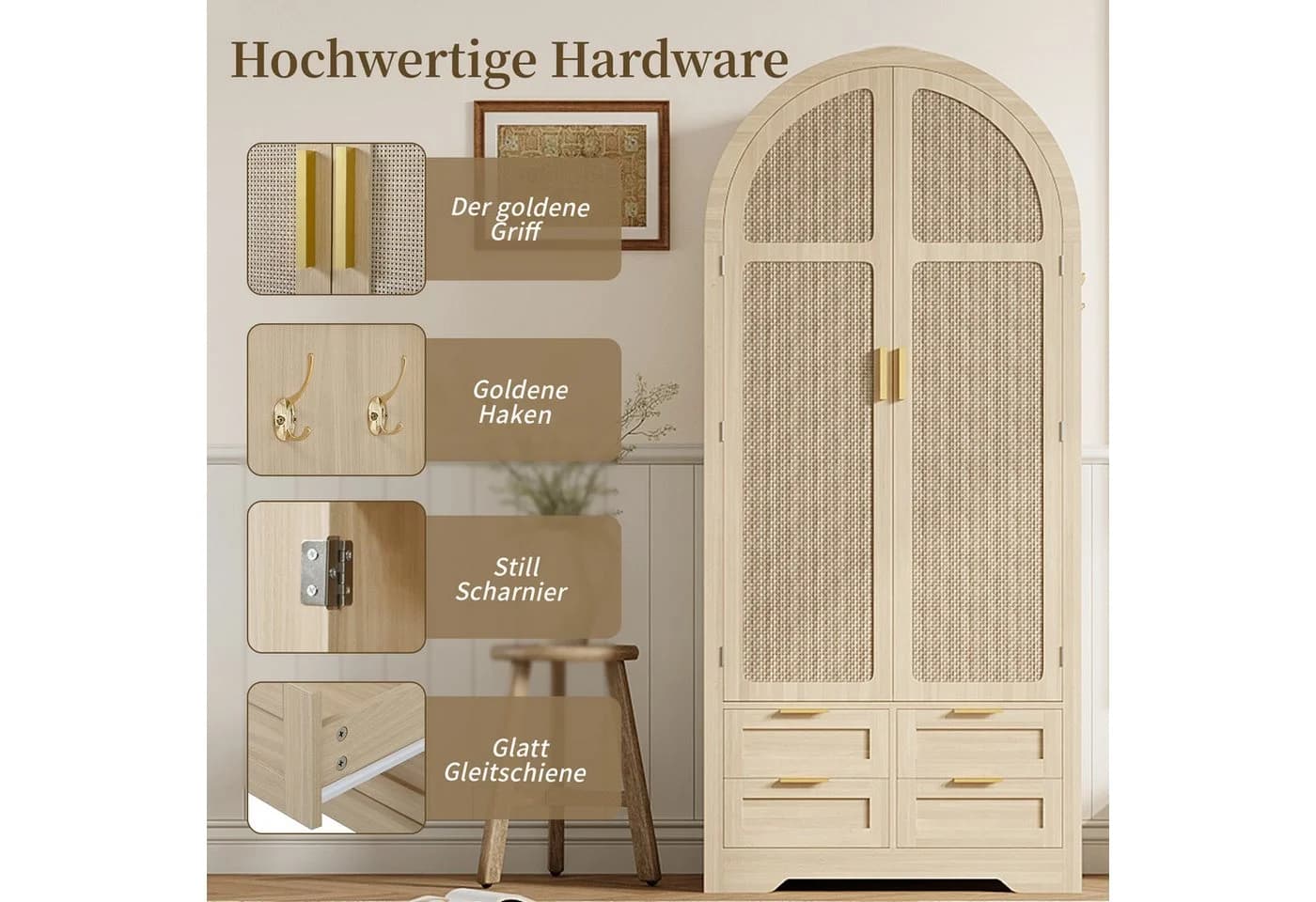 MODFU Kleiderschrank mit Rattan-Türen und Schubladen - Bild 4