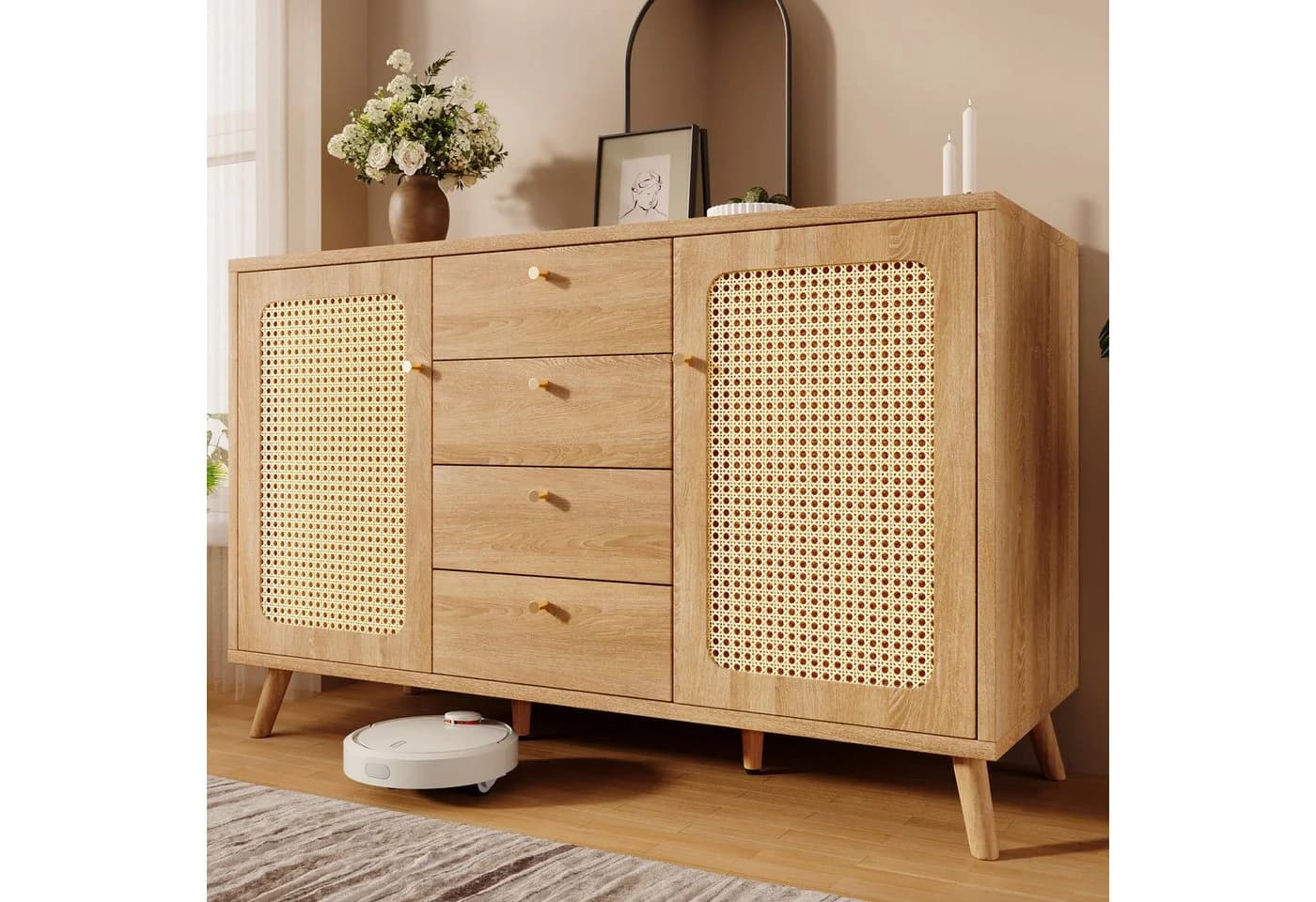 MODFU Sideboard Helle Eiche Rattan-Optik 140 cm