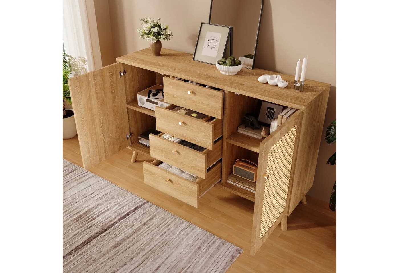 MODFU Sideboard Helle Eiche Rattan-Optik 140 cm - Bild 2