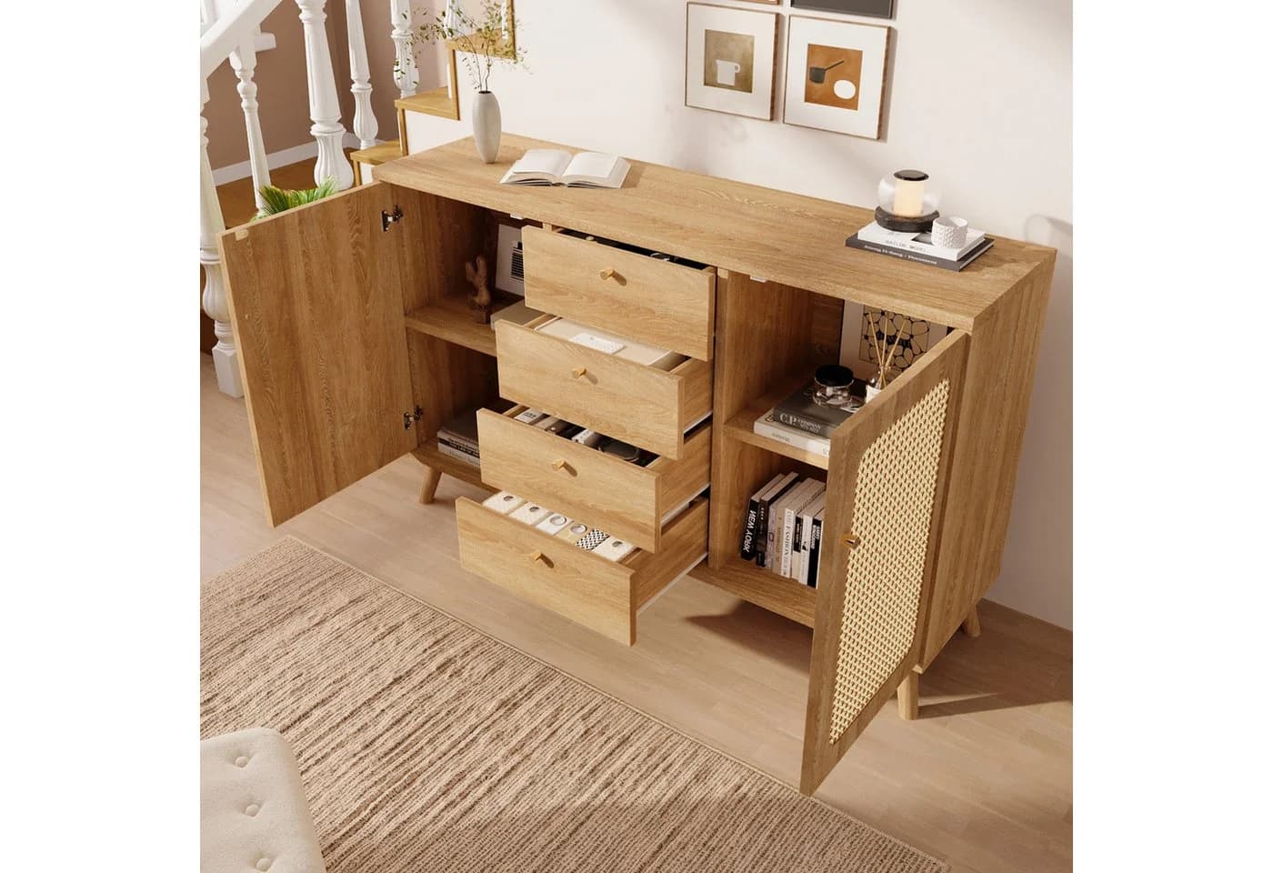MODFU Sideboard Helle Eiche Rattan-Optik 140 cm - Bild 3