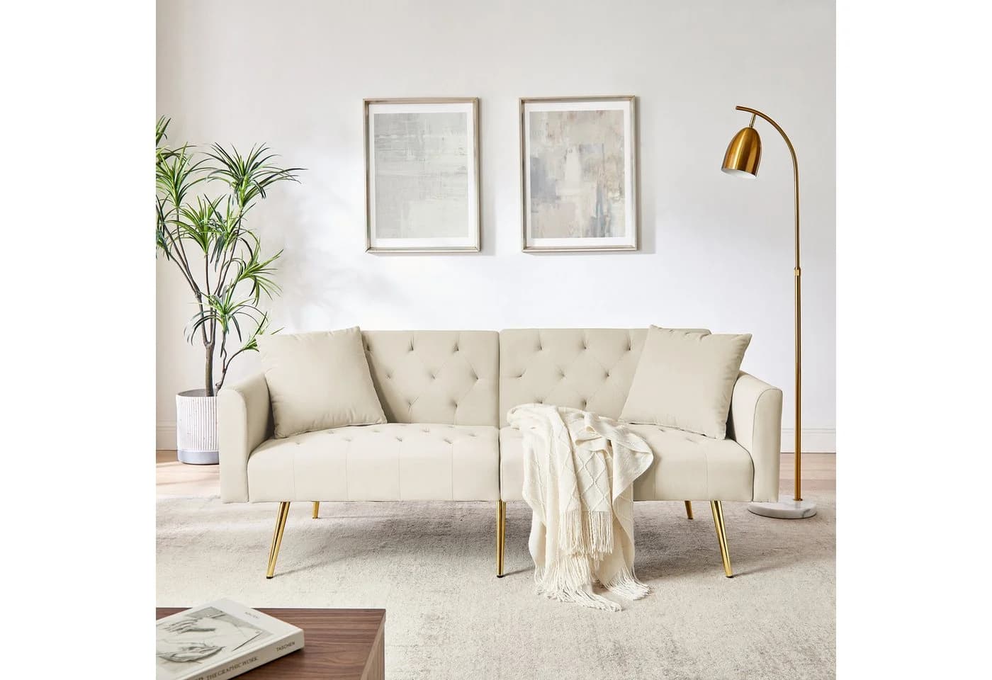 MODFU Schlafsofa 2-Sitzer Beige Samt mit verstellbarer Rückenlehne - Bild 3