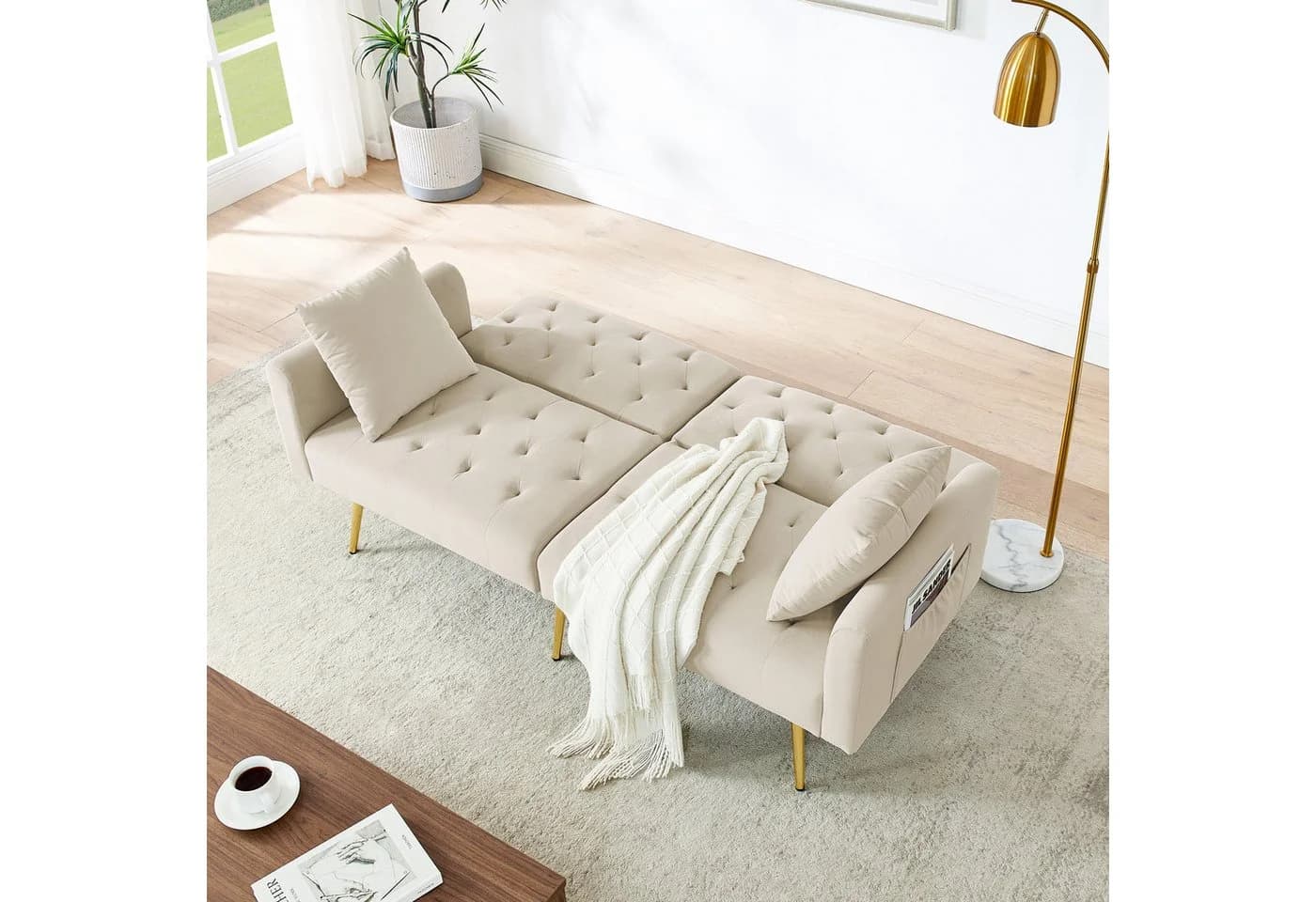 MODFU Schlafsofa 2-Sitzer Beige Samt mit verstellbarer Rückenlehne - Bild 4