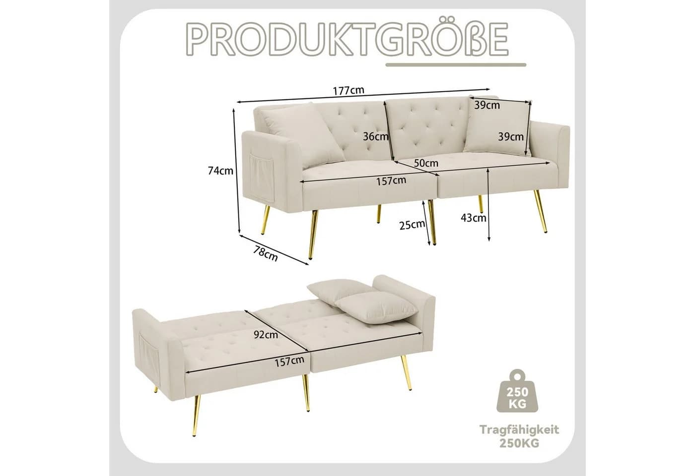 MODFU Schlafsofa 2-Sitzer Beige Samt mit verstellbarer Rückenlehne - Bild 5
