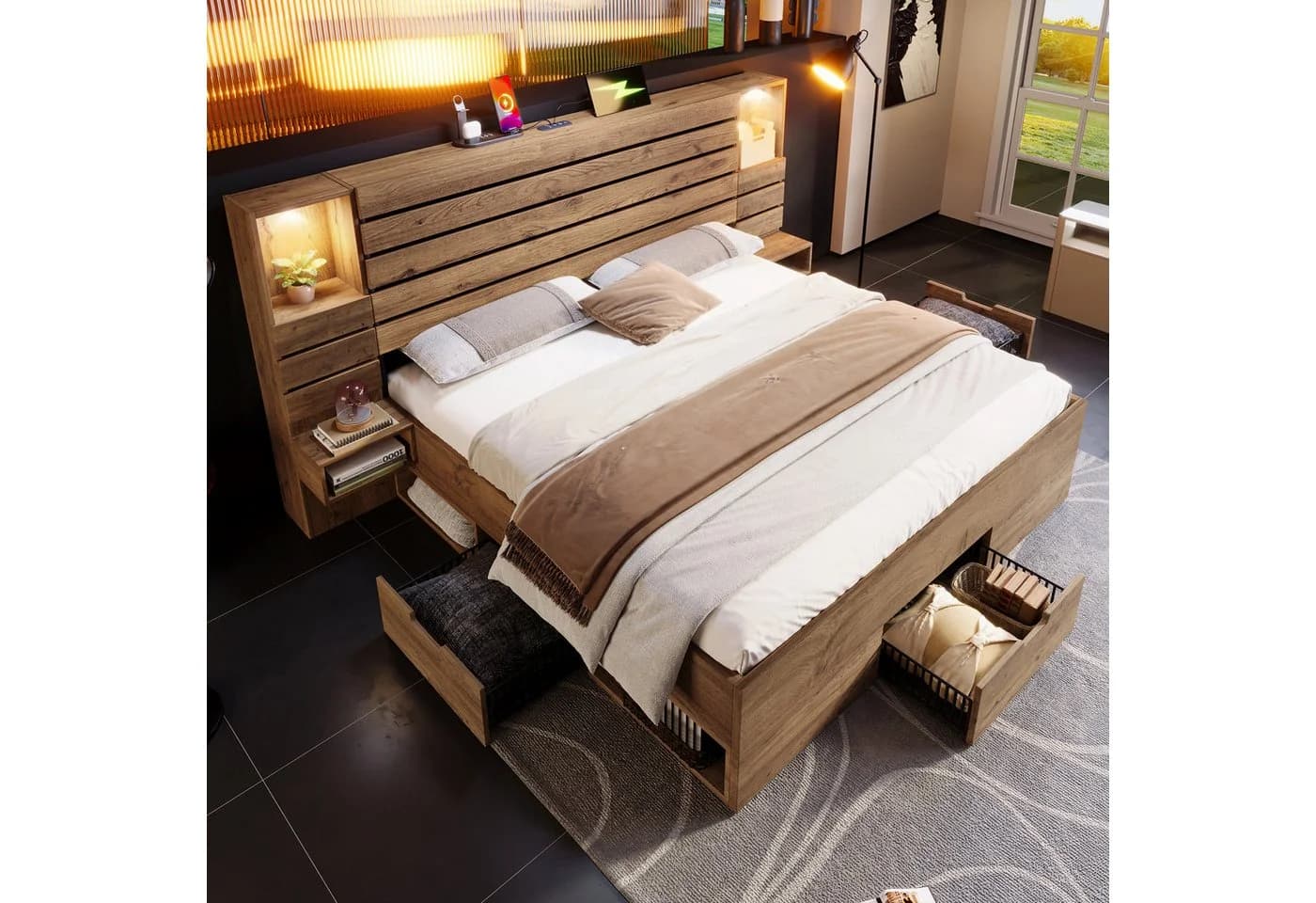 MODFU Holzbett 180x200 mit LED, Schubladen & USB-Anschluss - Bild 2