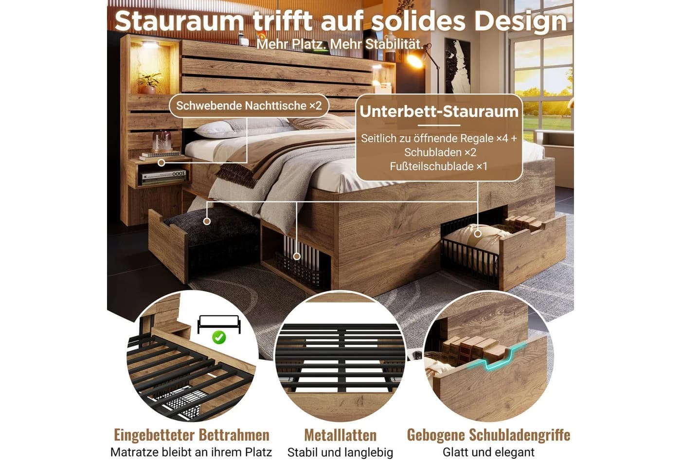 MODFU Holzbett 180x200 mit LED, Schubladen & USB-Anschluss - Bild 3